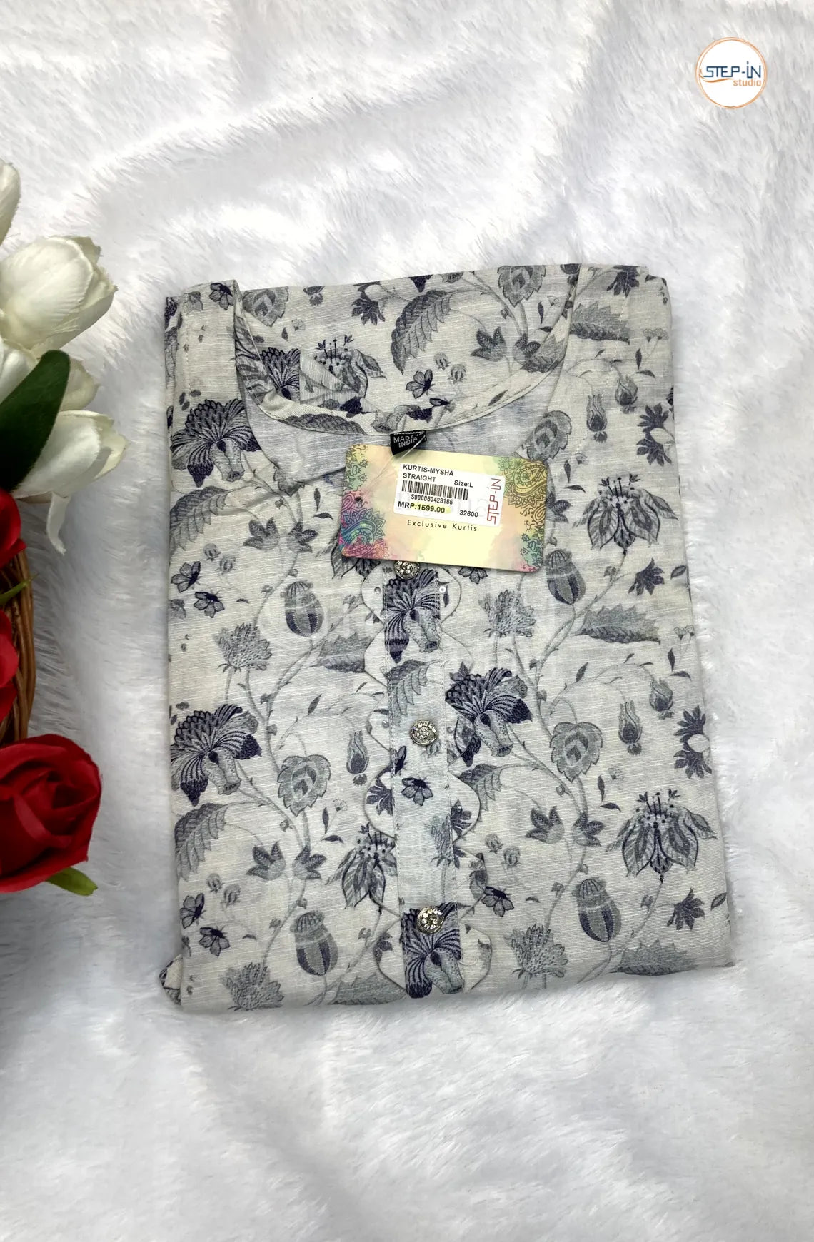 Floral Printed CottonTop - Off White & Grey