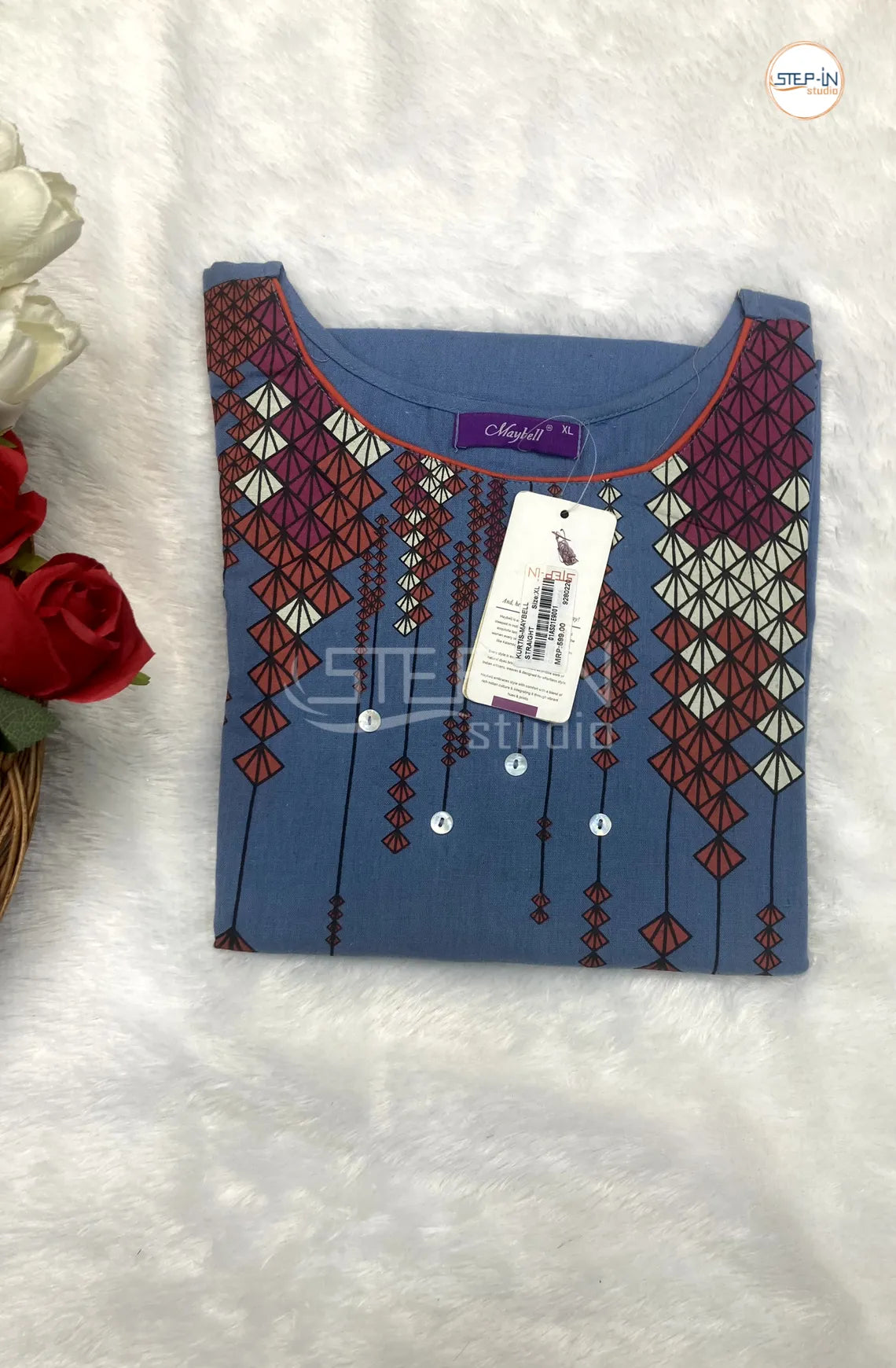 Floral Printed Cotton Top - Pale Cerulean Blue