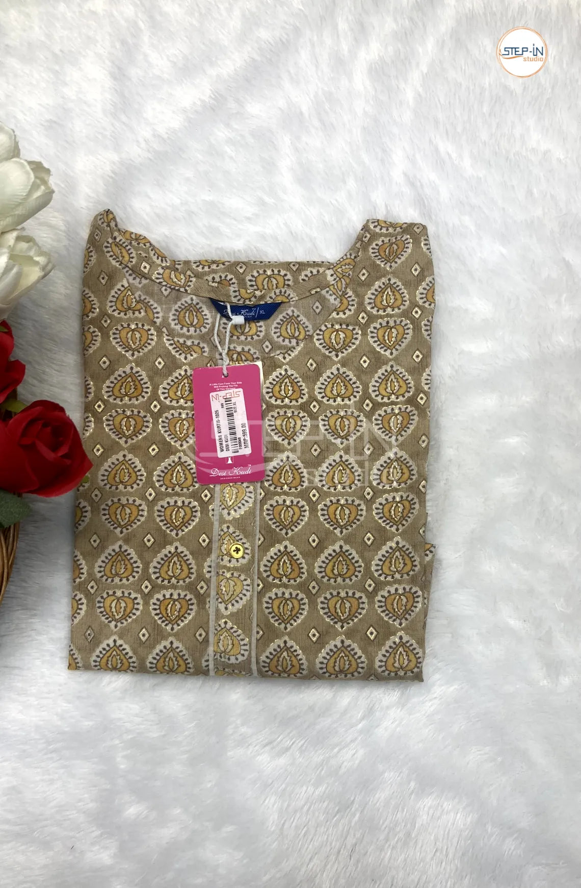 Floral Printed Cotton Top - Shades Of Beige