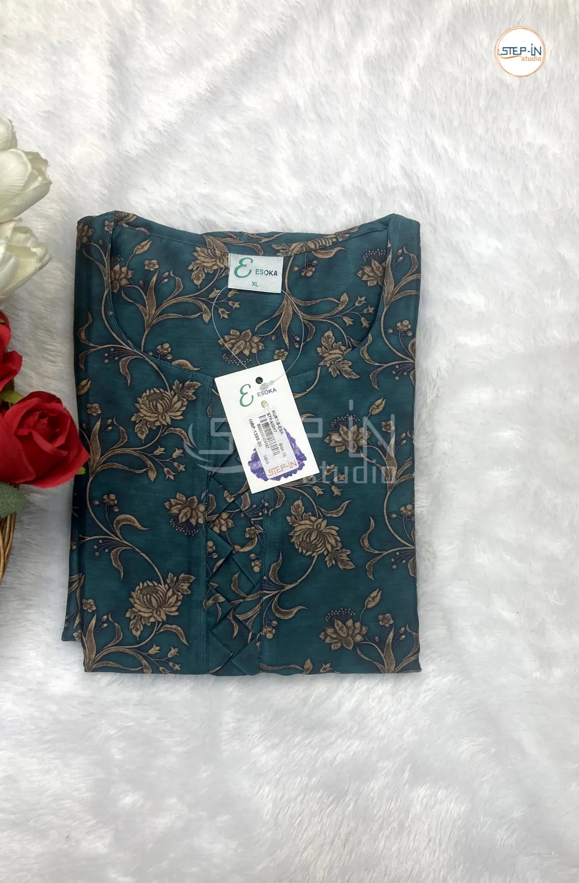 Floral Printed Neck Design Top - Dark Jade Blue