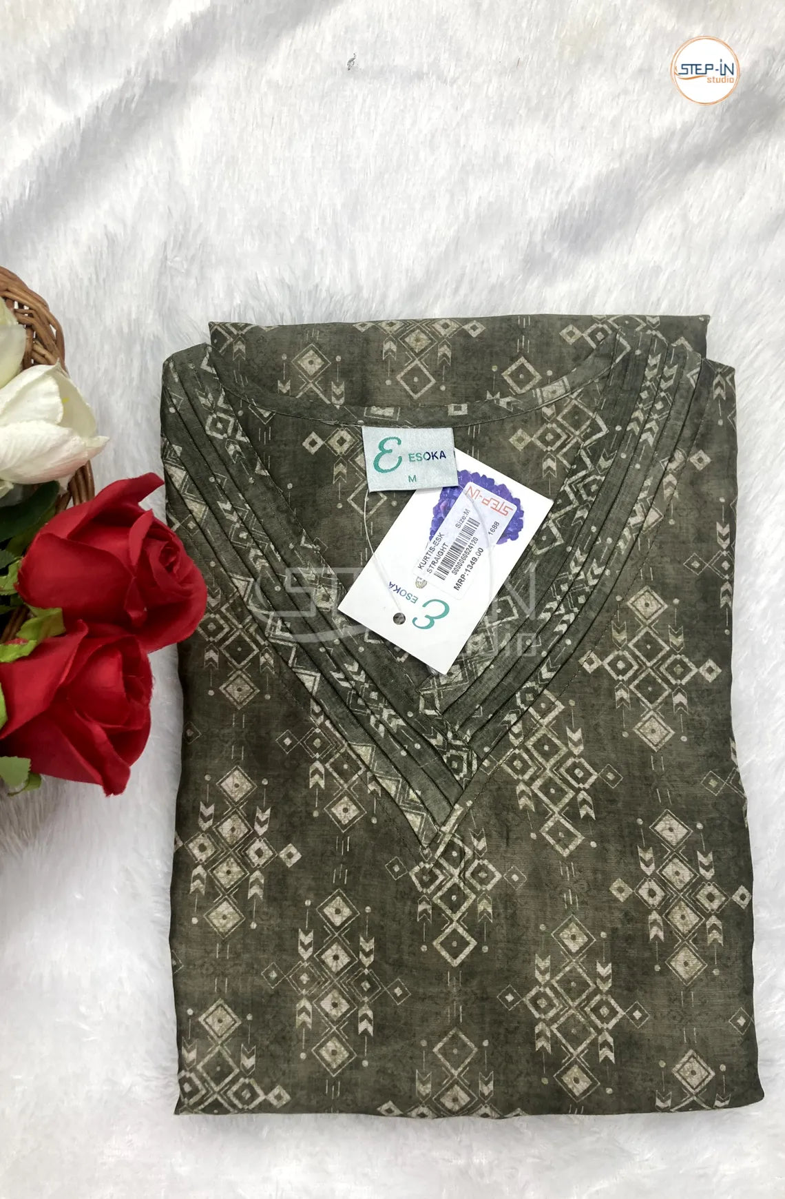 Floral Printed Neck Design Top - Olive Green