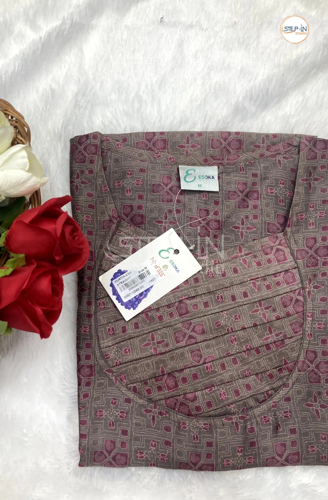 Floral Printed Neck Work Top - Slate Grey