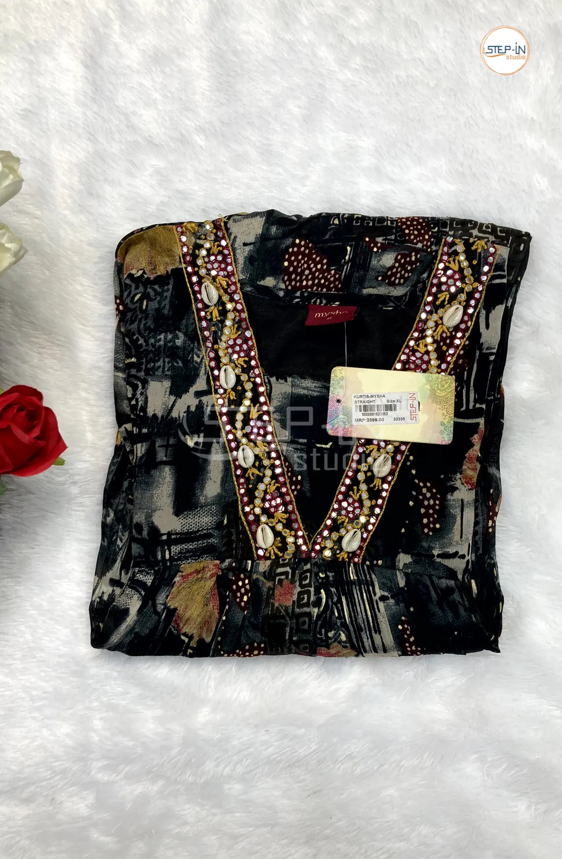 Floral Printed V Neck Stone Work Top - Navy Blue