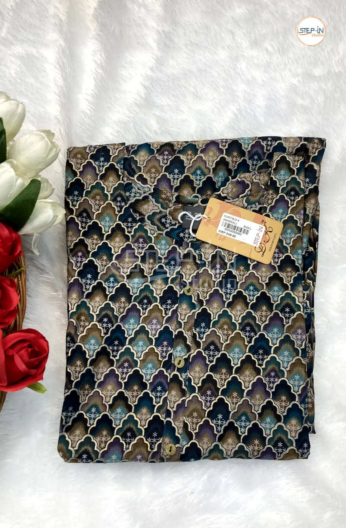 Floral Quatrefoil Printed Top - Brown & Ice Blue