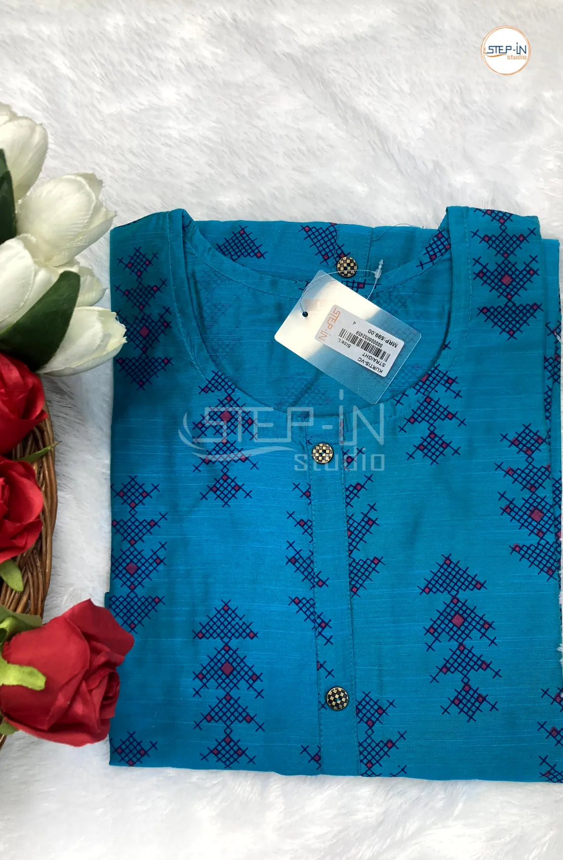 Floral Quatrefoil Printed Top - Sapphire Blue