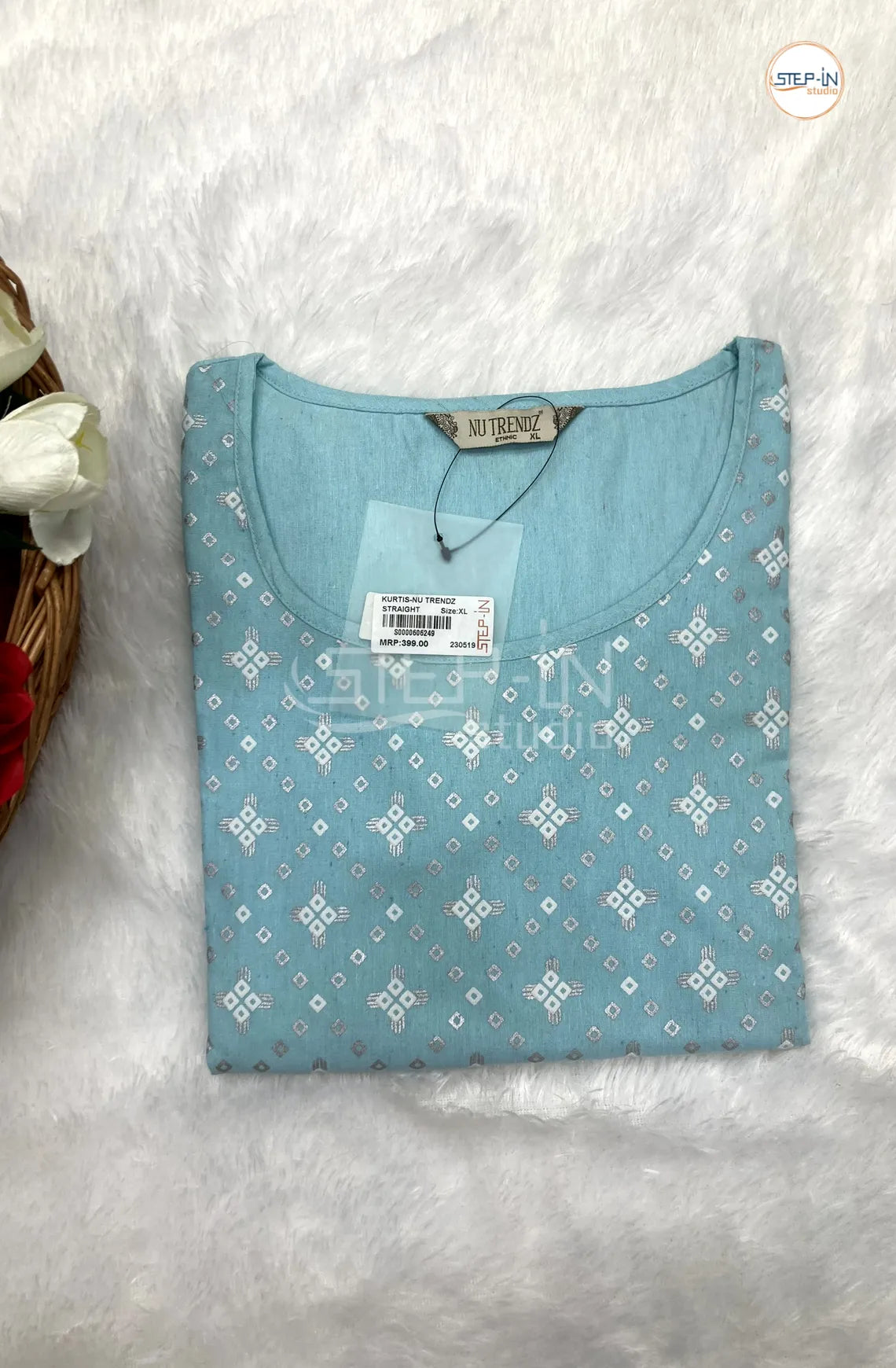 Floral Silver Printed Cotton Top - Light Sea Blue