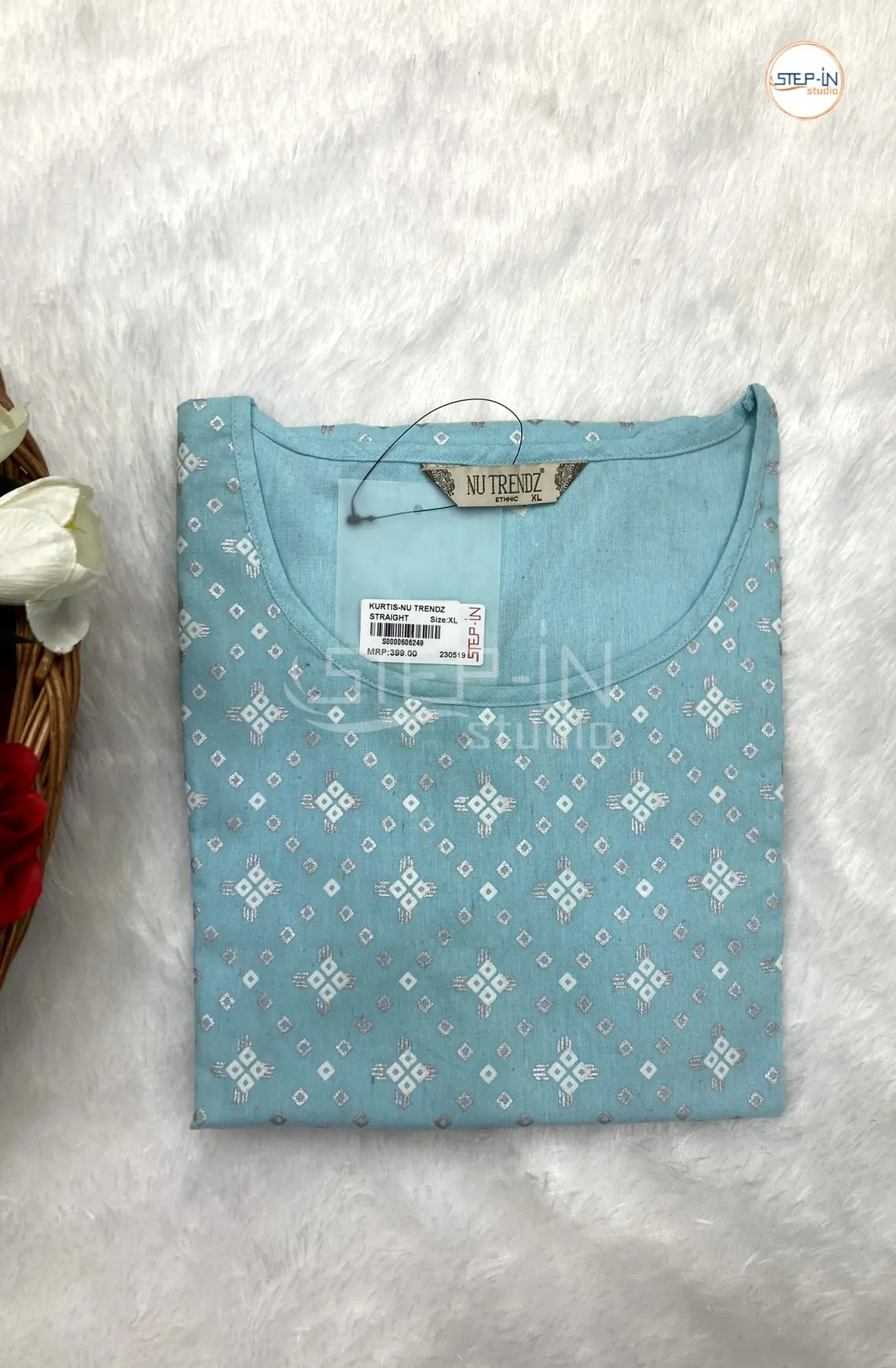 Floral Silver Printed Top - Light Sea Blue