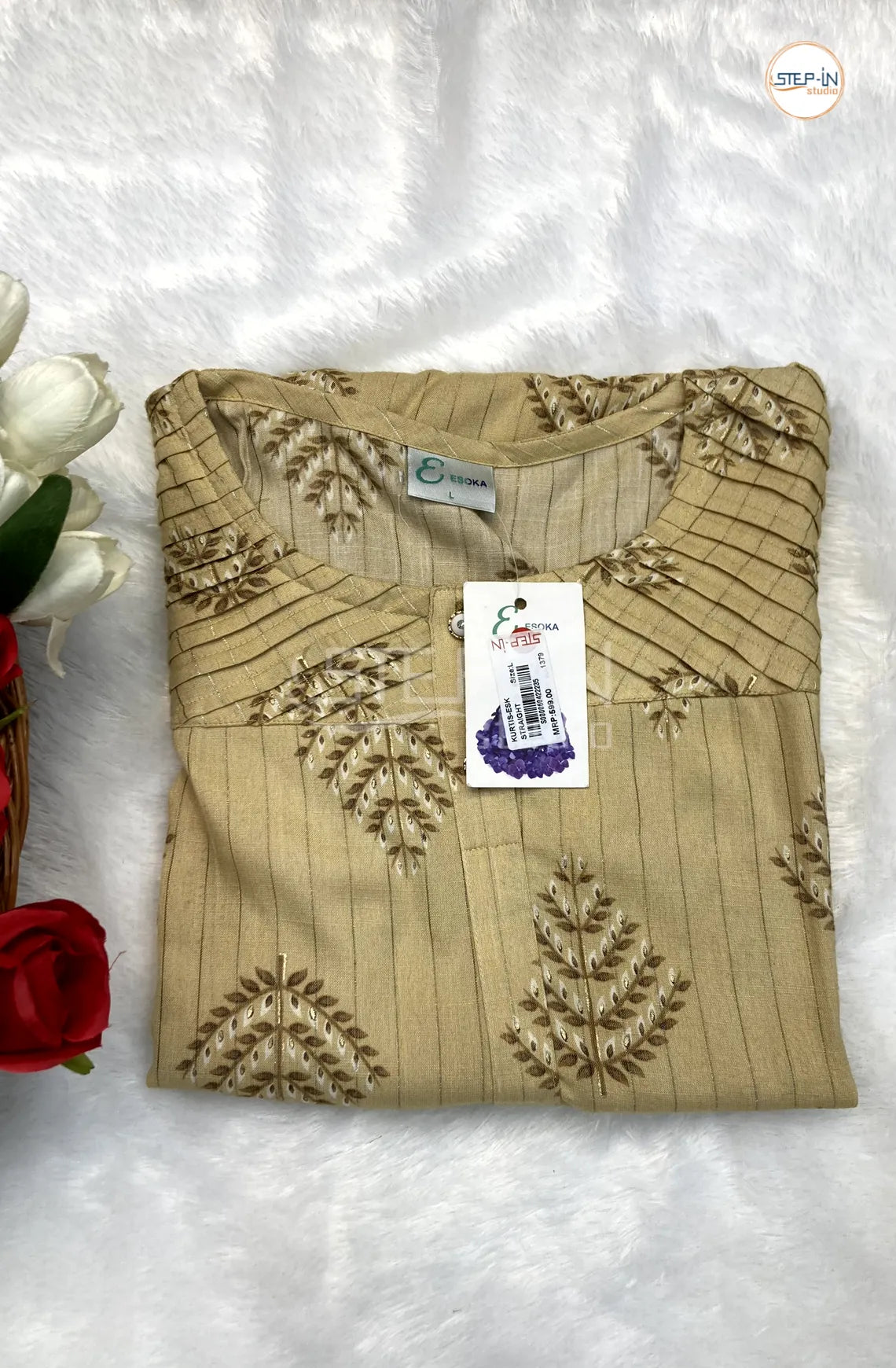 Floral Striped Printed Cotton Top - Sandal