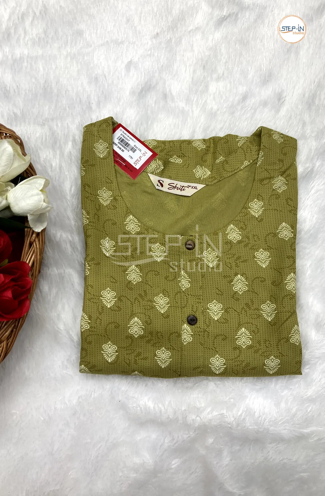 Floral White Flower Printed Top - Kiwi Green