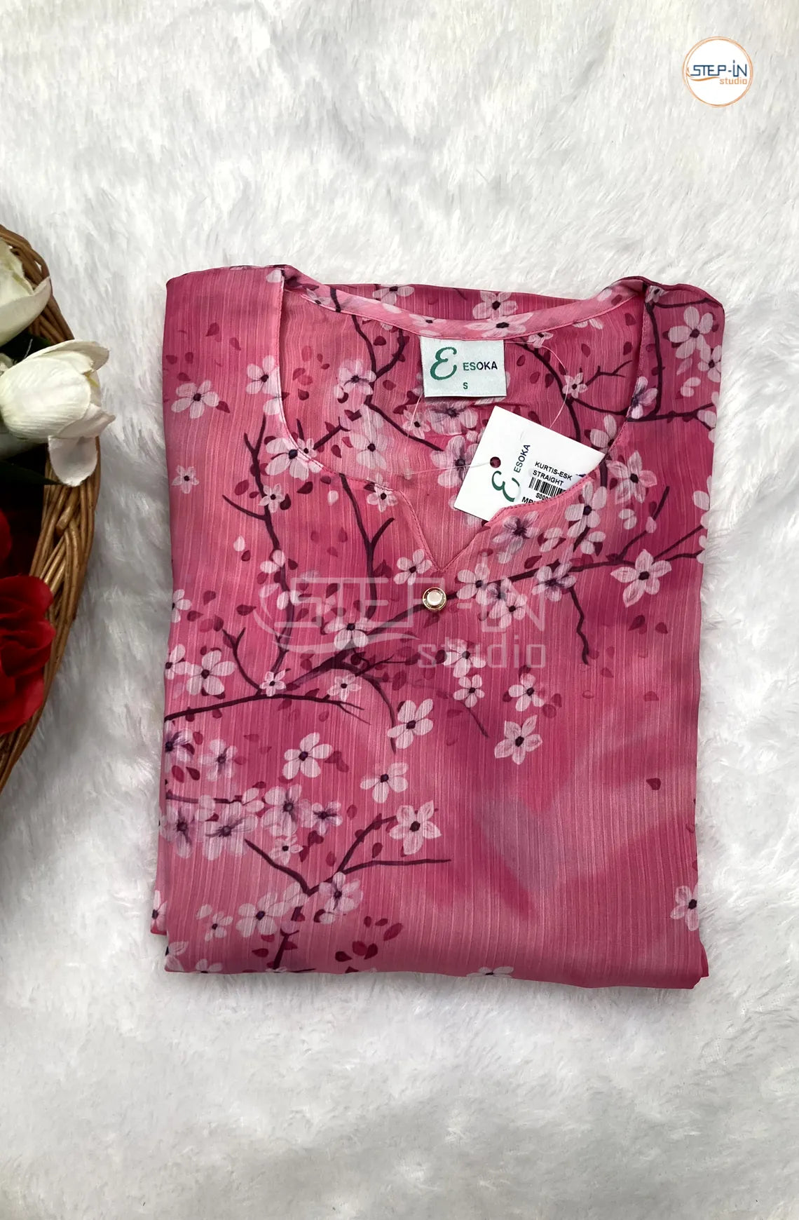 Floral White Flower Printed Top - Mid Pink