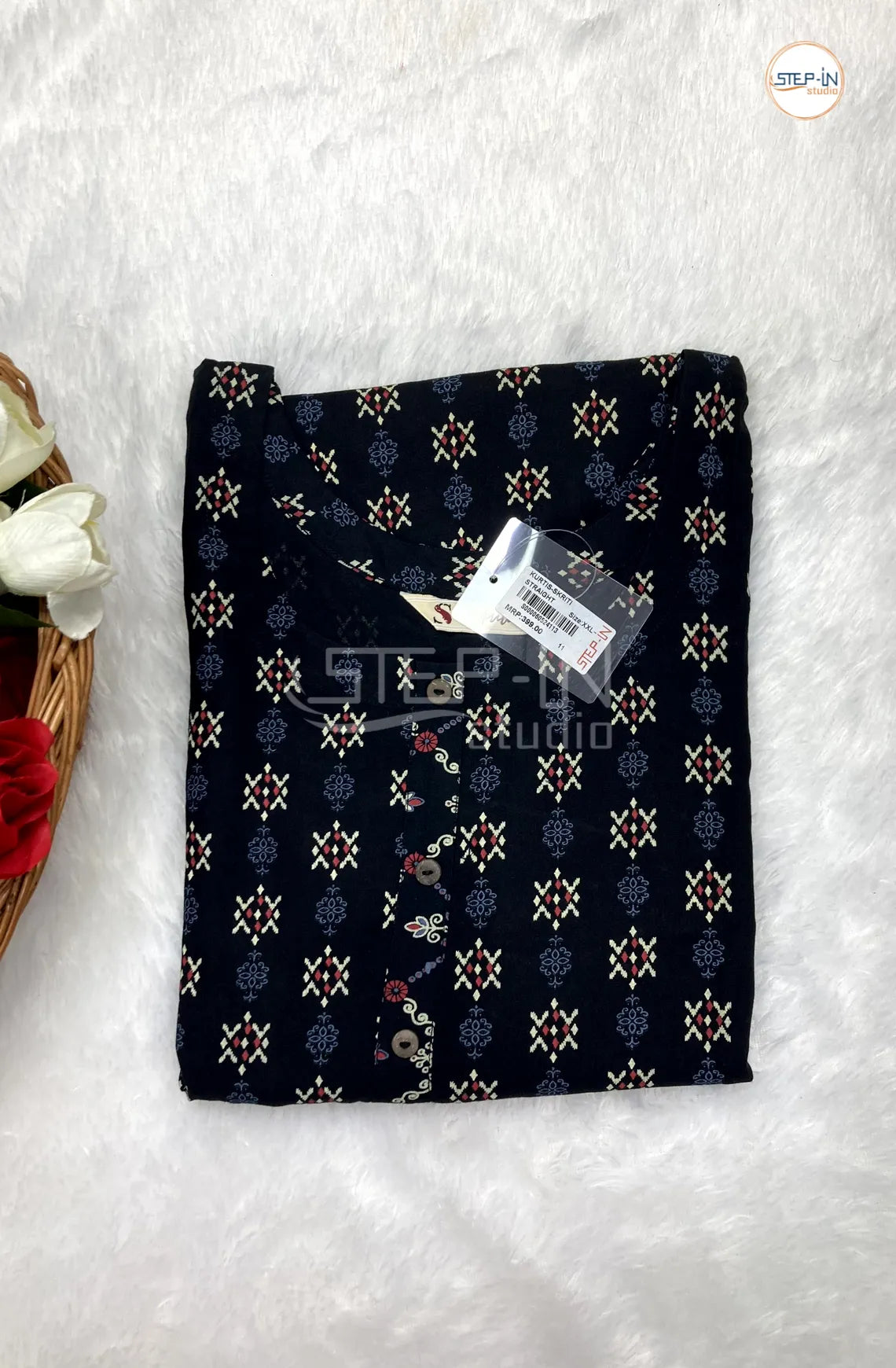 Floral White Flower Printed Top - Navy Blue
