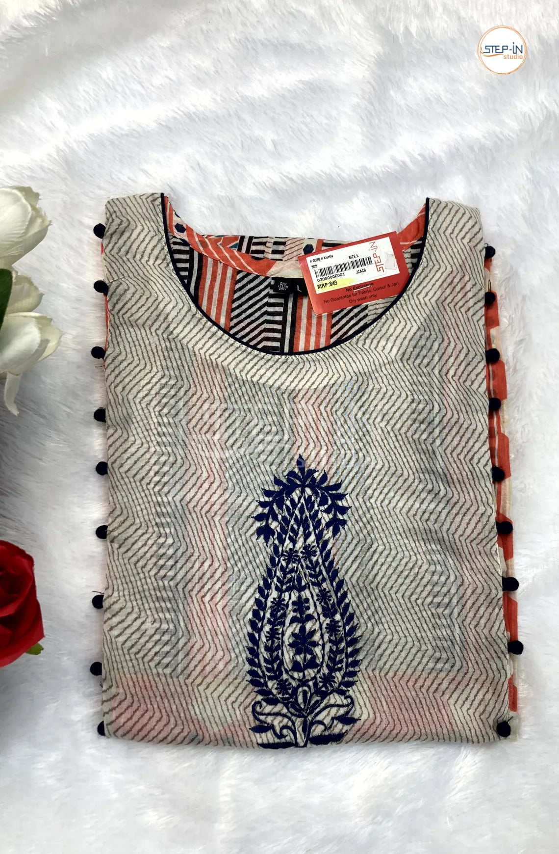 Floral Zig-zag Design Cotton Top - White