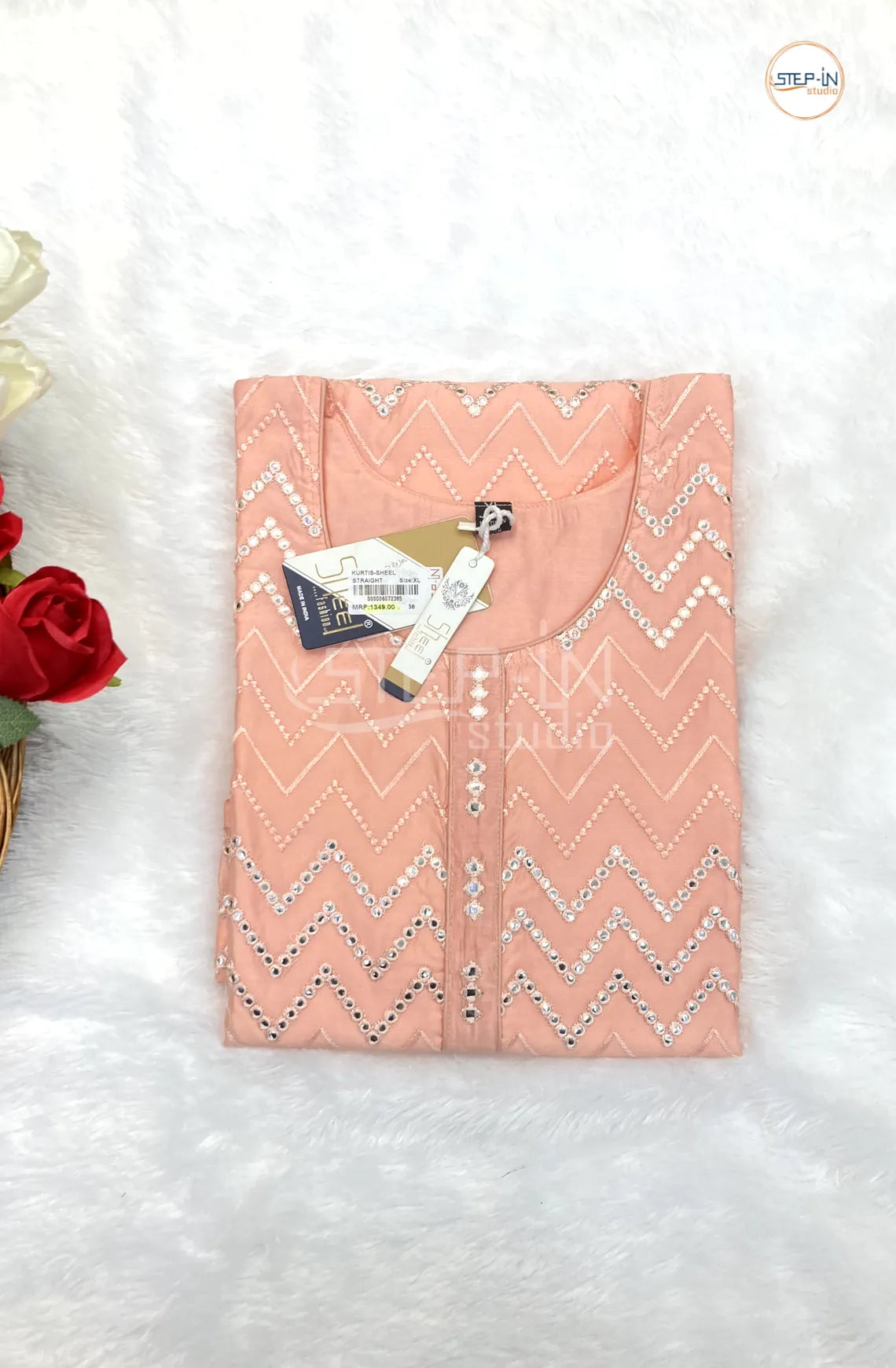 Floral Zig-zag Mirror Work Top - Light Peach