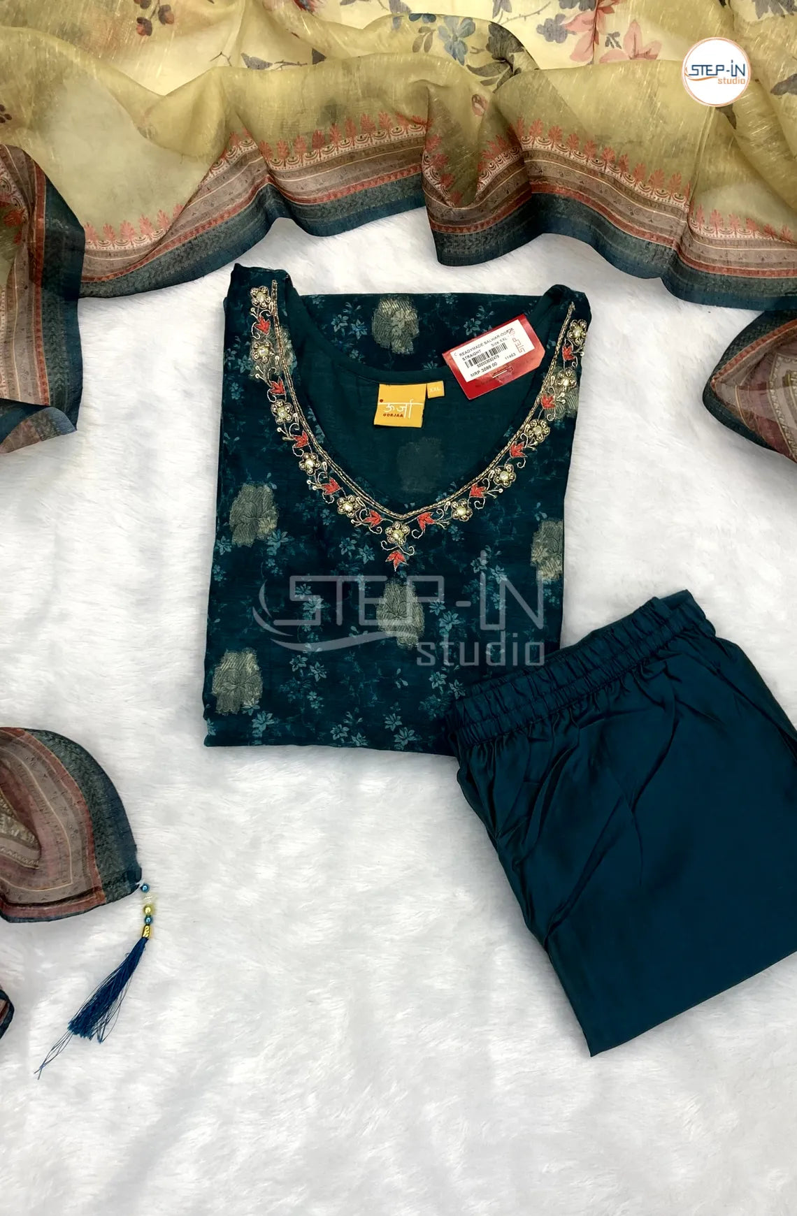 Geometric Printed and V Neck Stone Work Kurti With Straight pant & Digital Print Dupatta- Hunter Green