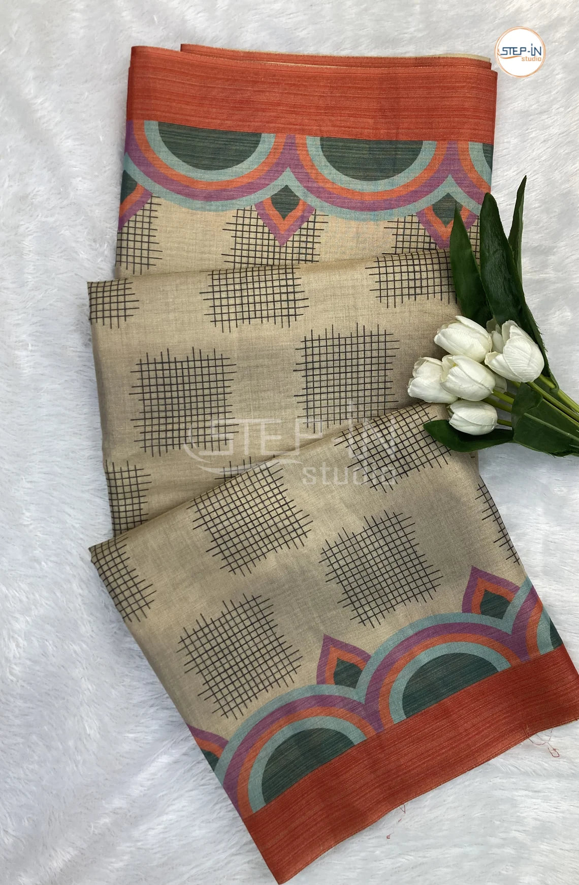 Geometric Printed Soft Linen Saree-Darkorange