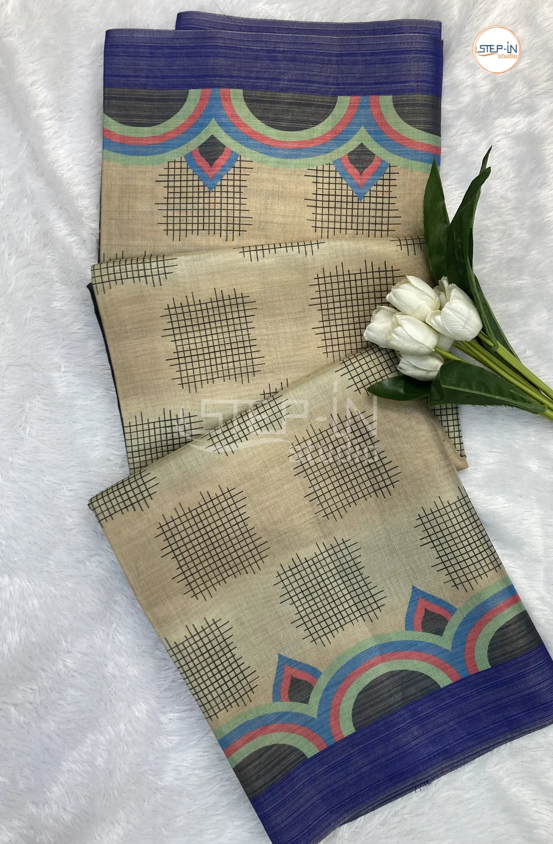 Geometric Printed Soft Linen Saree-NavyBlue