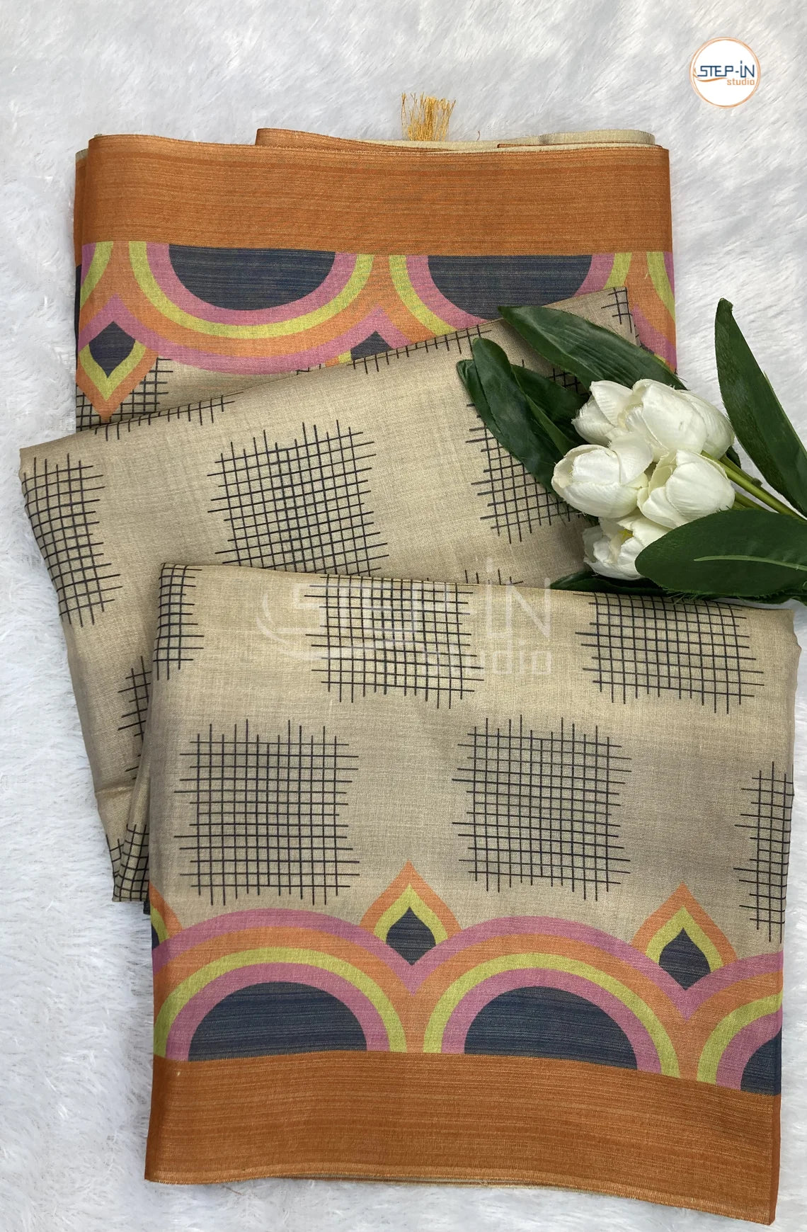 Geometric Printed Soft Linen Saree-Orange