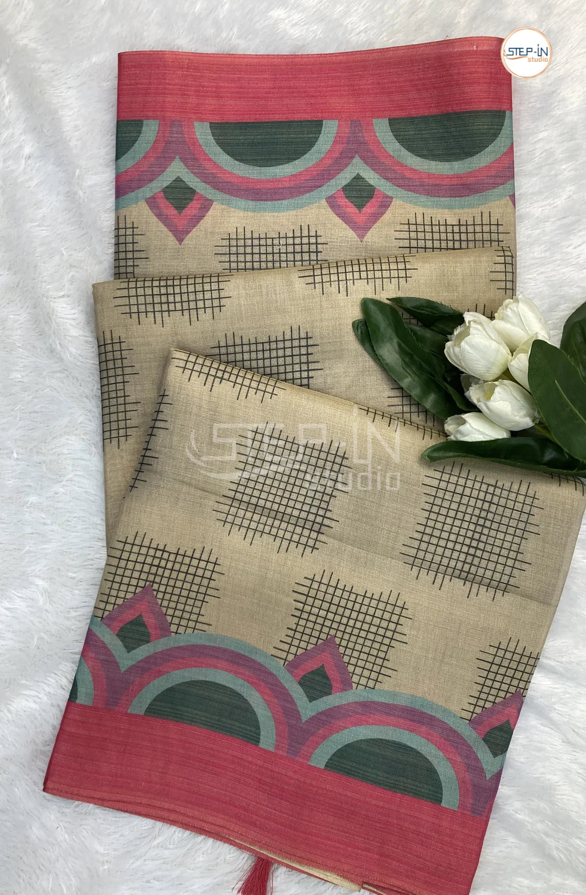 Geometric Printed Soft Linen Saree-Pink