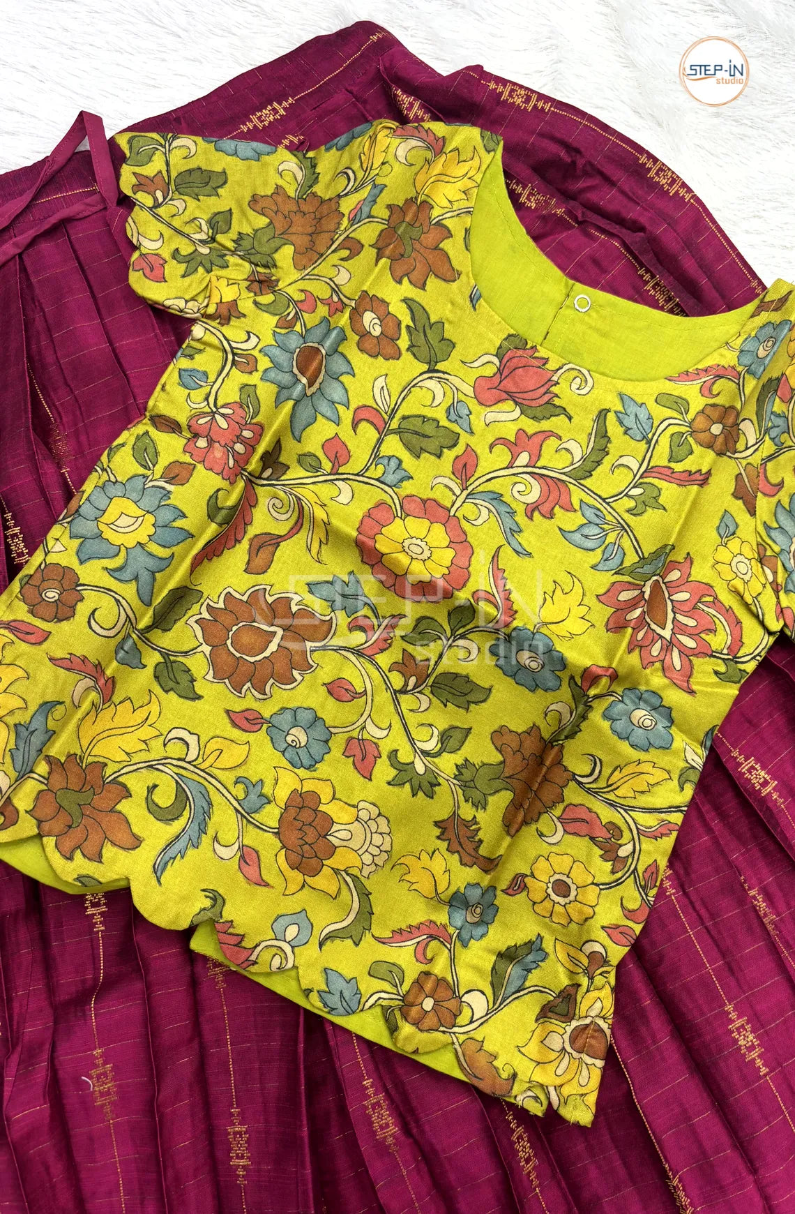 Green Kalamkari Top With Raw Silk Kumkum Skirt