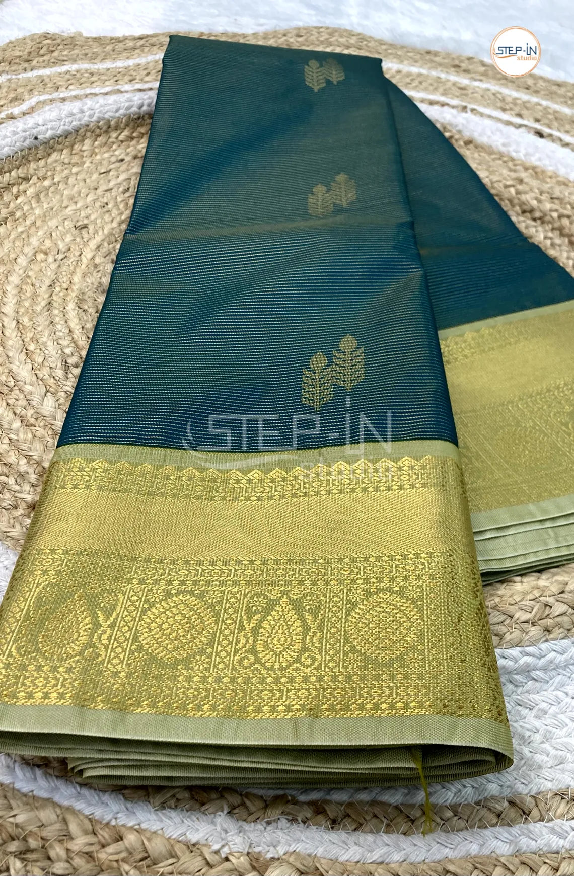 Green Semi Kanchi Silk Saree With Gold Contrast Zari Border