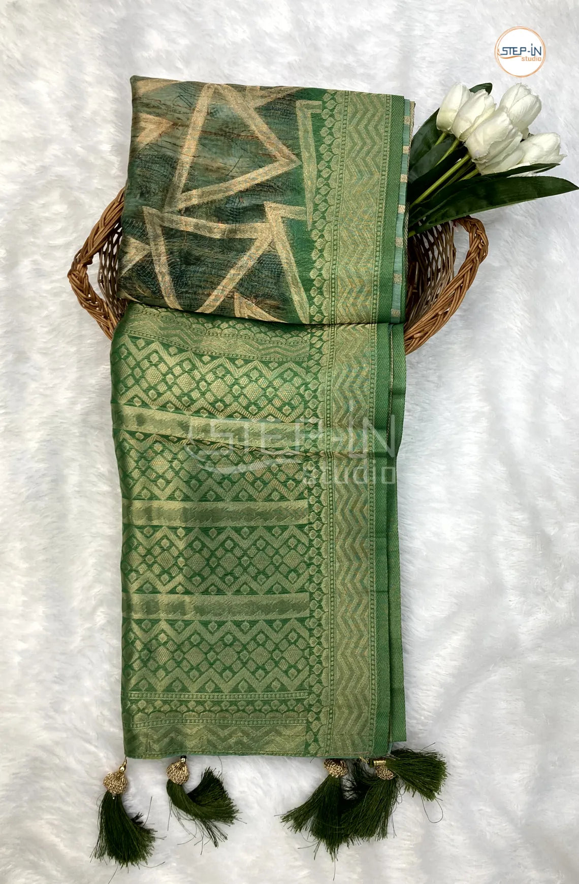 Green Triangle Zari Design Dupion Saree With Contrast Zari Pallu and Border & Contrast Blouse