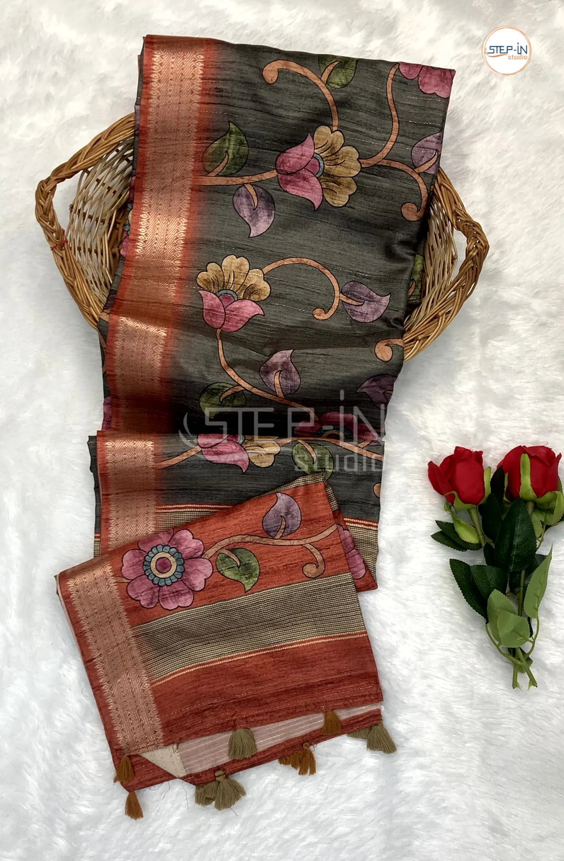 Grey & Burnt Orange Kalamkari Print Tussar Saree With Flower Print Contrast Pallu & Zari Border and Contrast Blouse