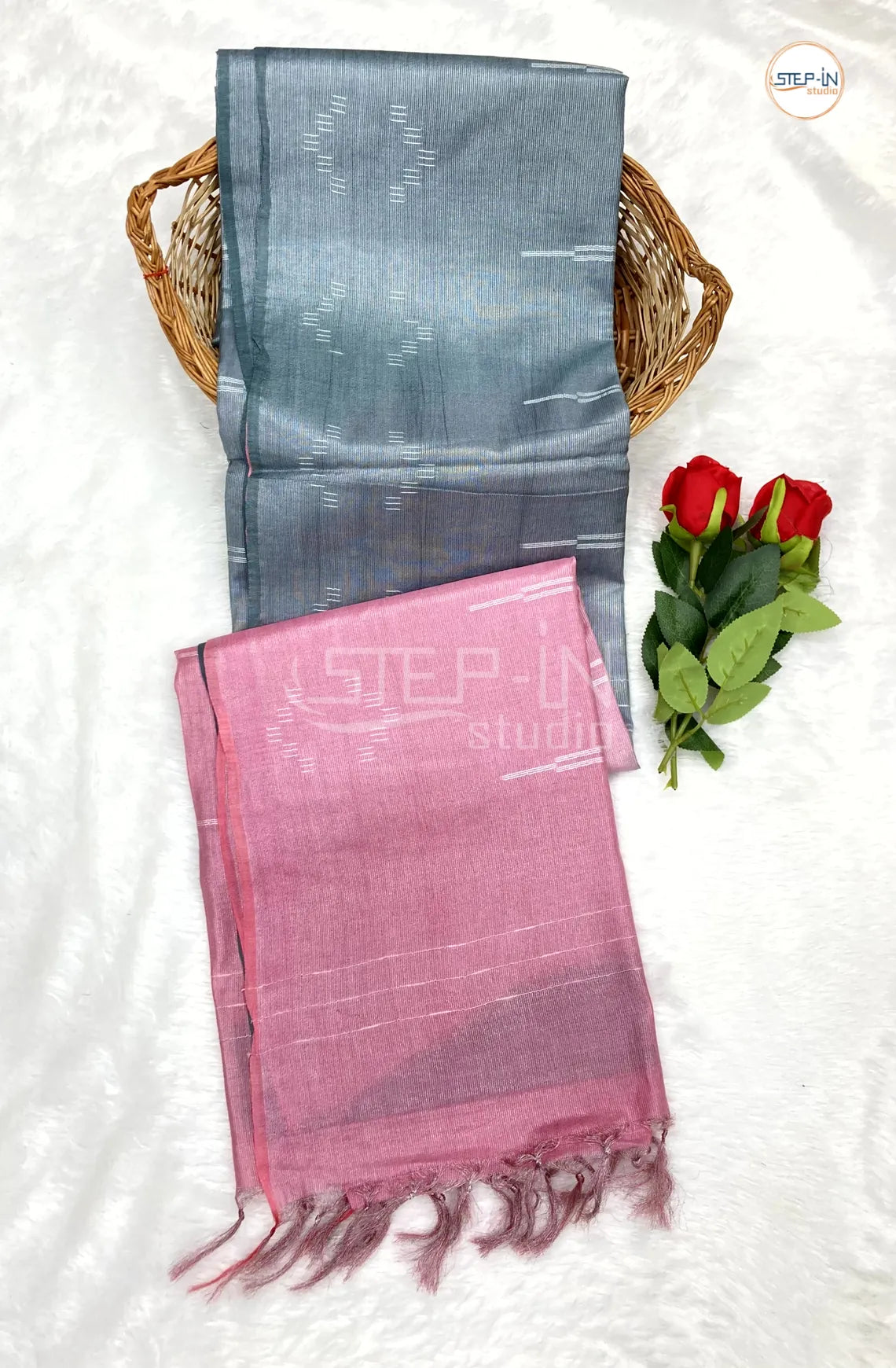 Grey & Light Pink Ikat design Saree With Ikat Design Contrast Pallu & Blouse