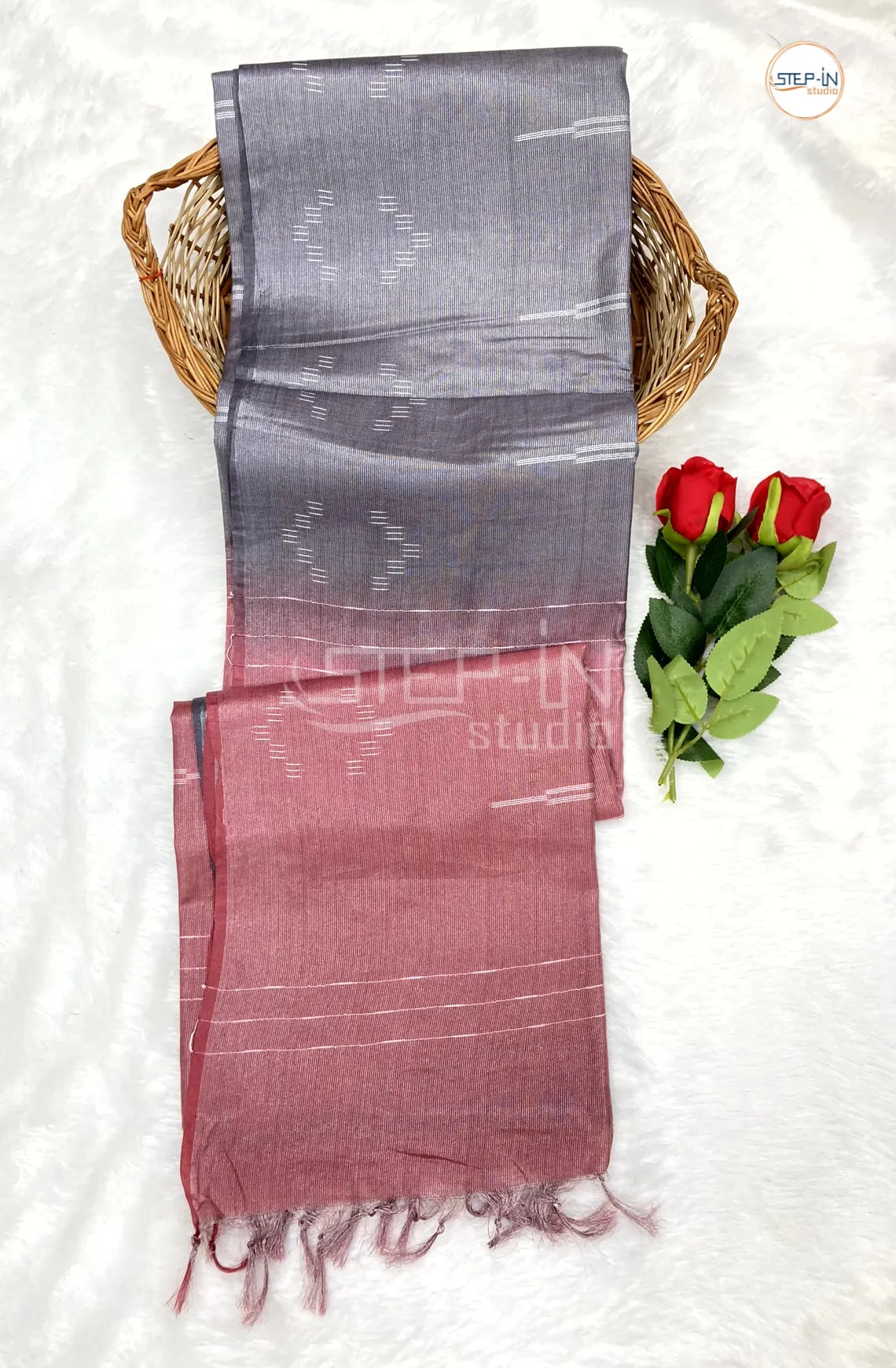 Grey & Light Red Ikat design Saree With Ikat Design Contrast Pallu & Blouse
