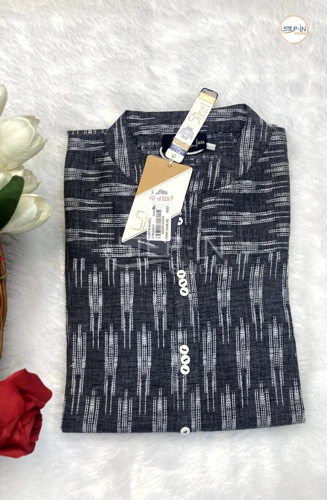 Ikat Handloom Cotton Top - CharCaol Black