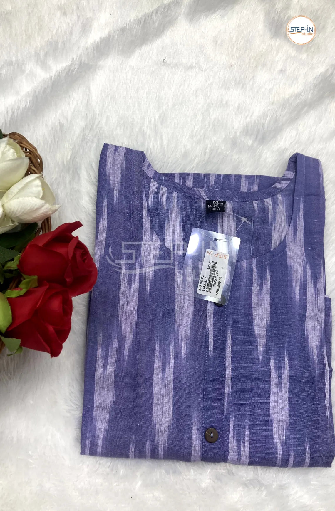 Ikat Handloom Woven Design Cotton Top - Smoke Blue