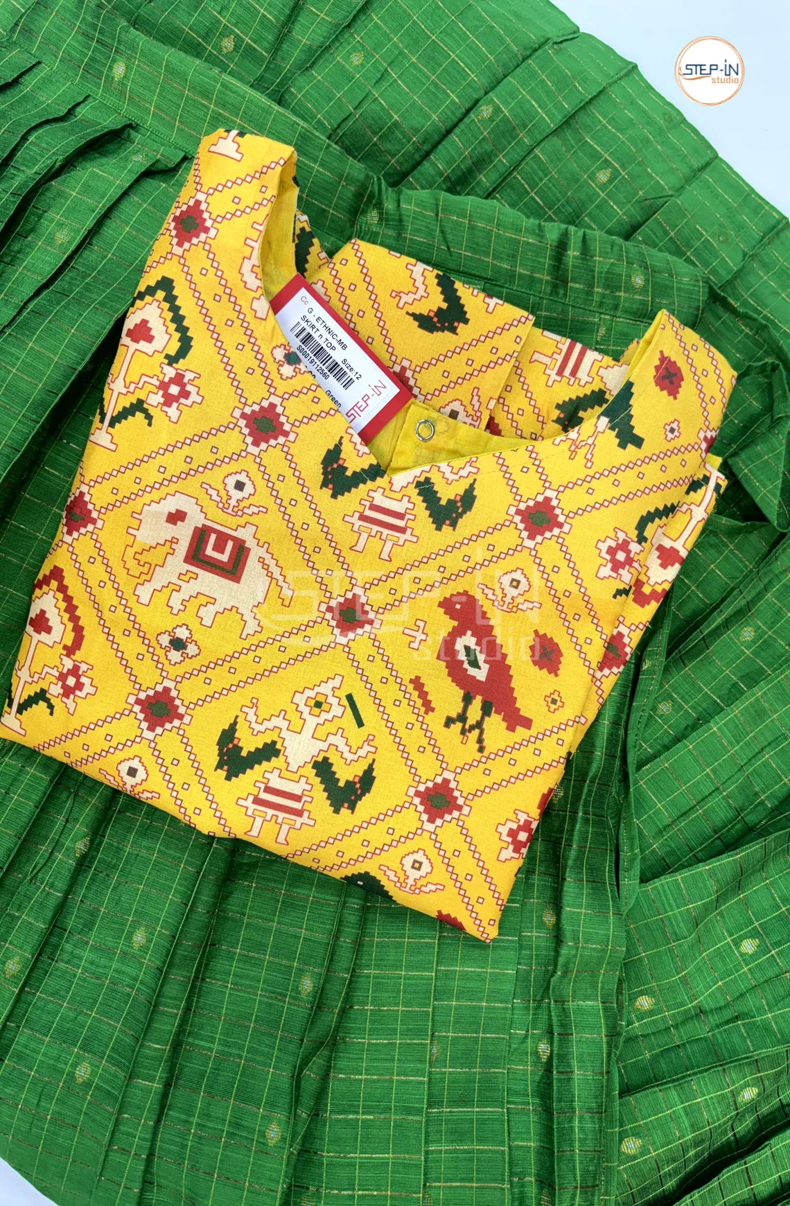 Ikat Printed V Neck Design Top & Gold Zari Raw Silk Skirt -Yellow & Green