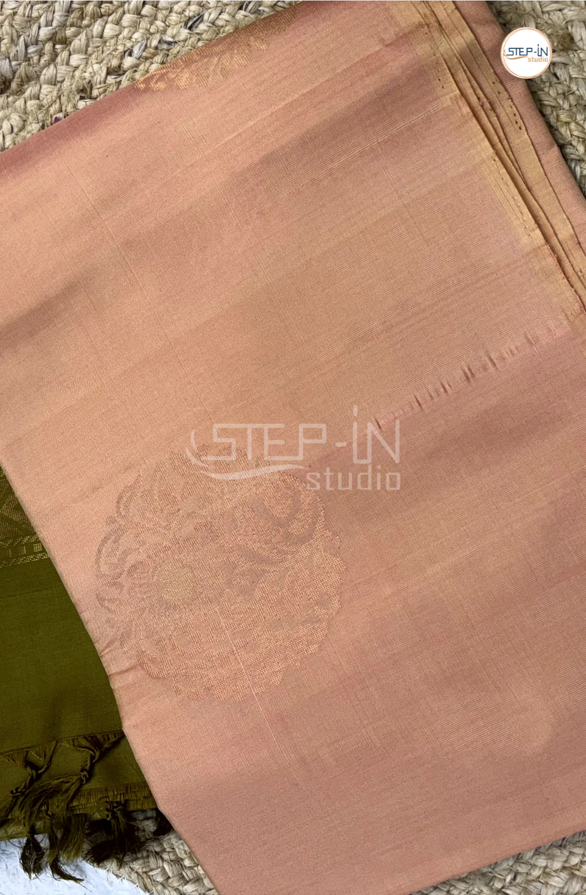 Ivory & Deep Saga Green Floral Motif Design Soft Silk Saree With Contrast Blouse and Plain Border & Design Pallu