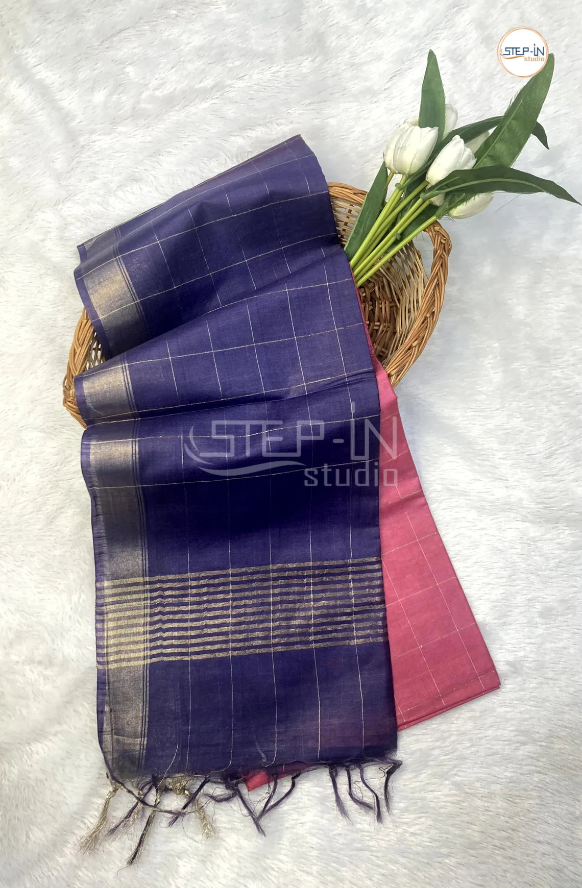 Katan Silk Saree With Contrast Pallu & Border With Blouse - Pink & Blue