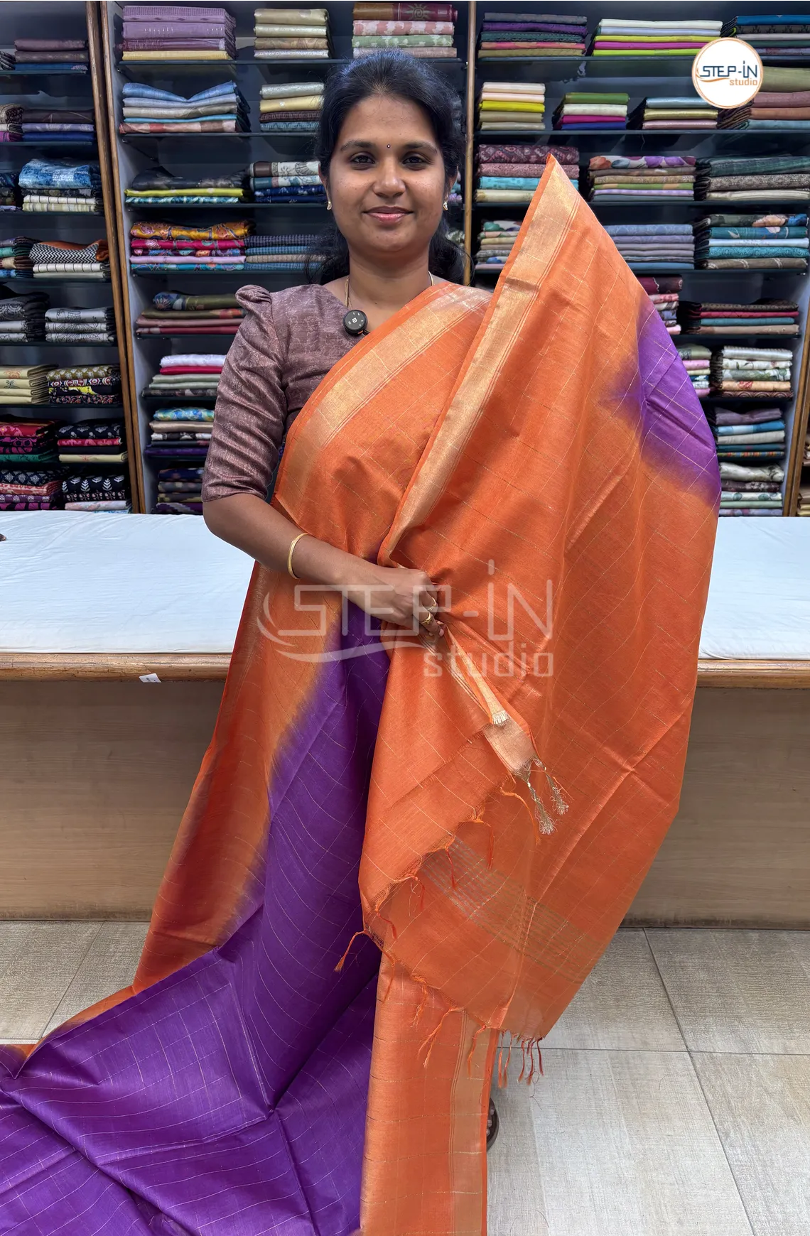Katan Silk Saree With Contrast Pallu & Border With Blouse -Tyrian Purple & Orange