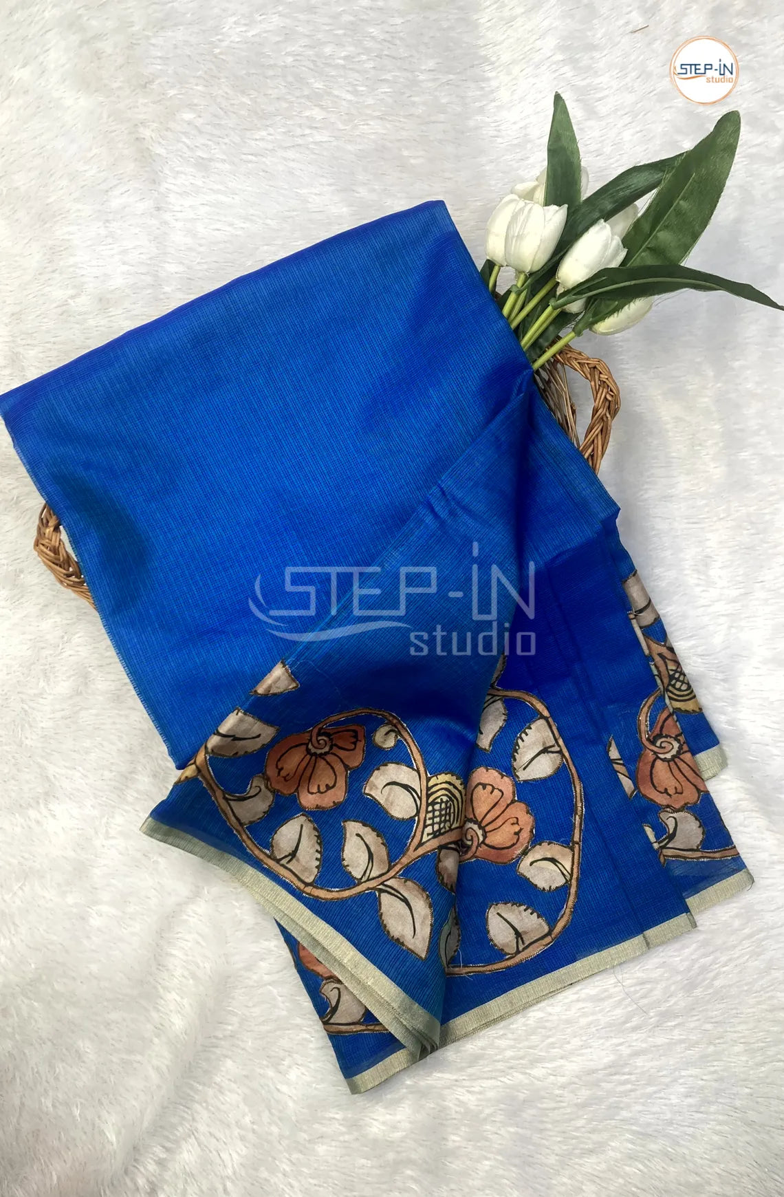 Kota Saree With Kalamkari Patch Worked Border & Pallu With Blouse - Blue