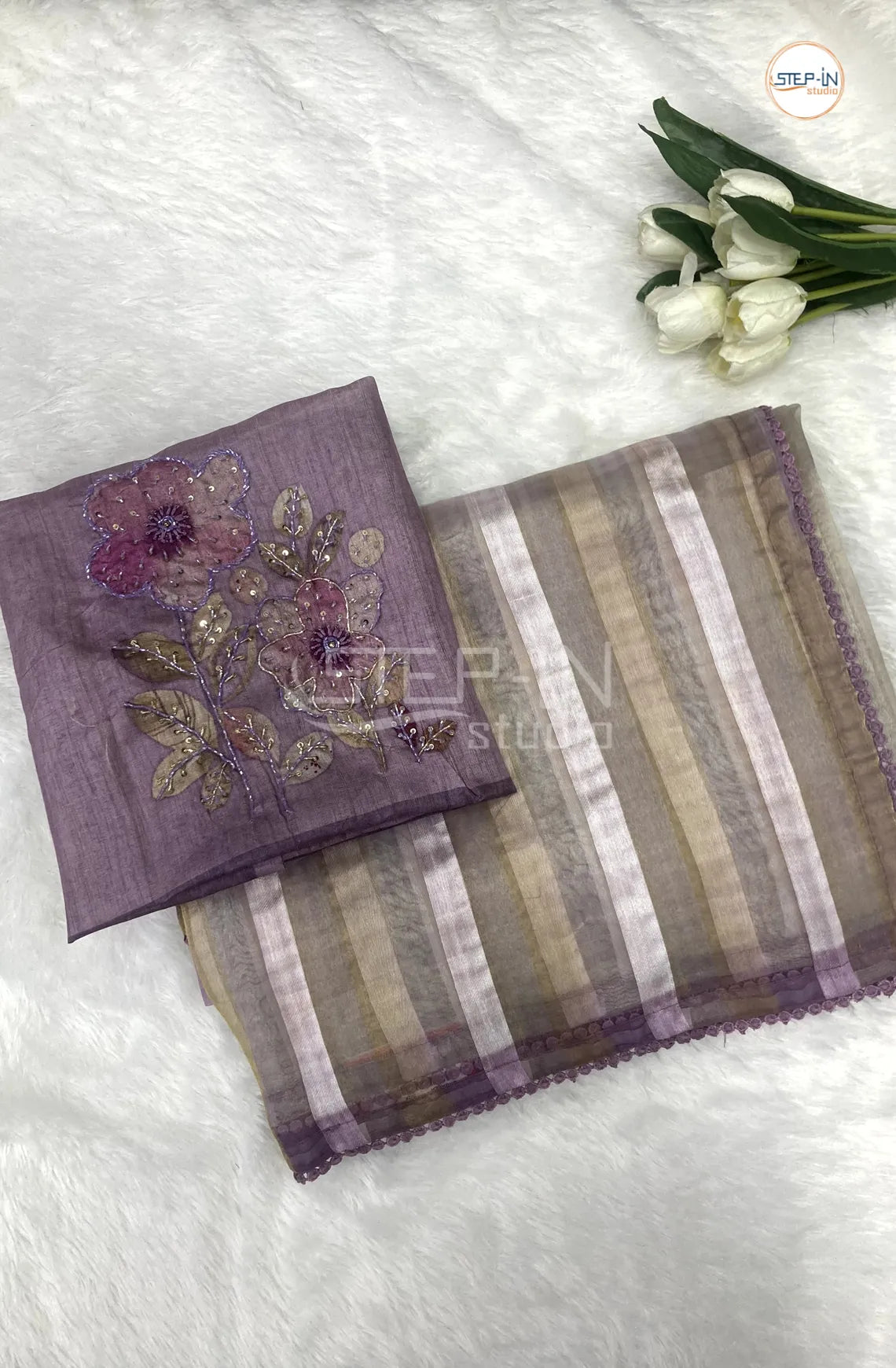 Lavender & Beige Striped Design Organza Saree With Running Pallu and Lace Border & Contrast Jamki Work Blouse