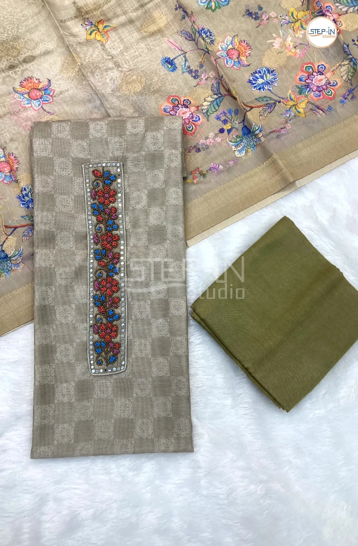 Light Grey Silk Cotton Neck Embroiderd Work Unstitched Dress Material