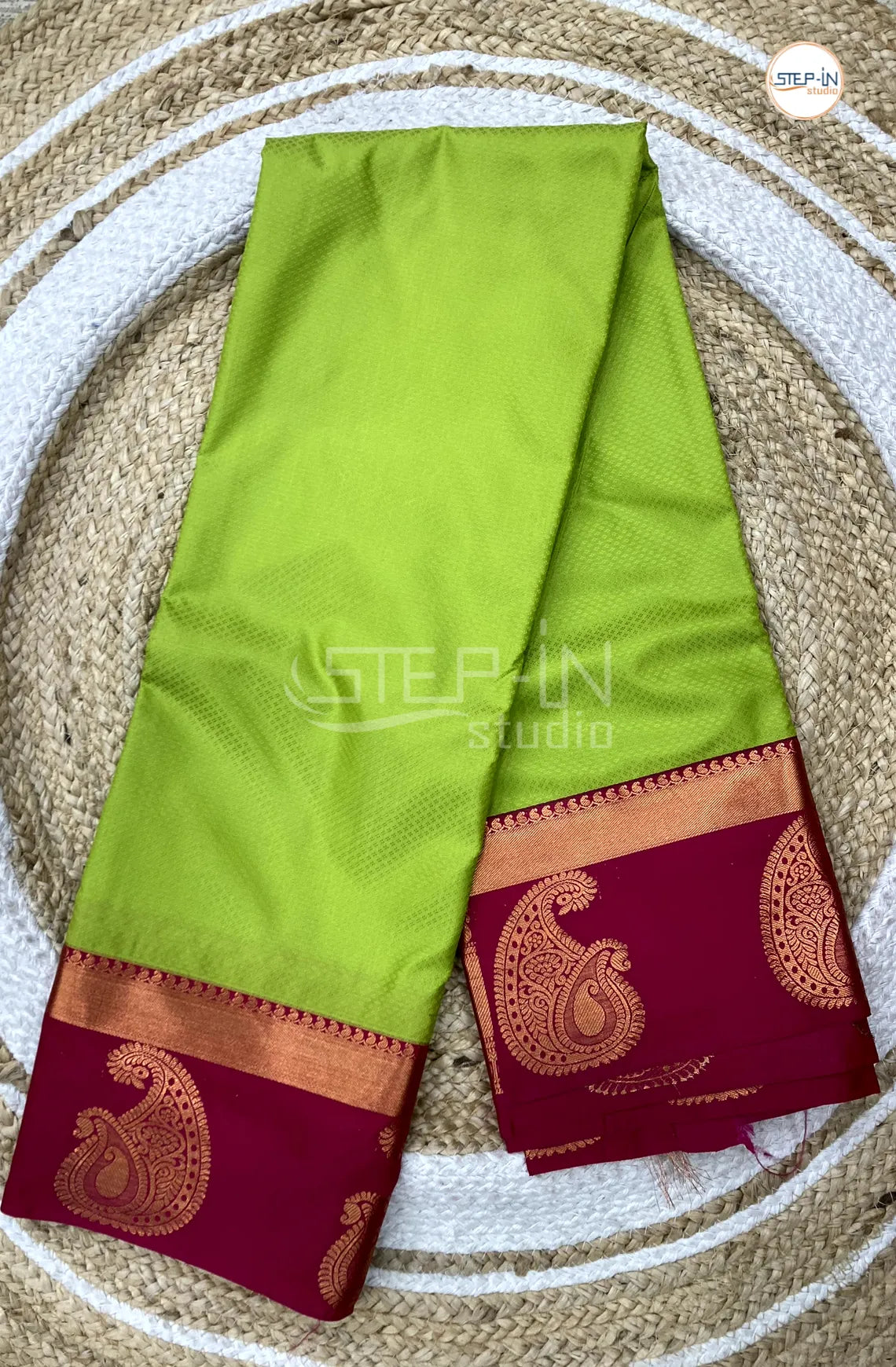 Lime Green Semi Kanchi Silk Saree With Maroon Contrast Zari Border