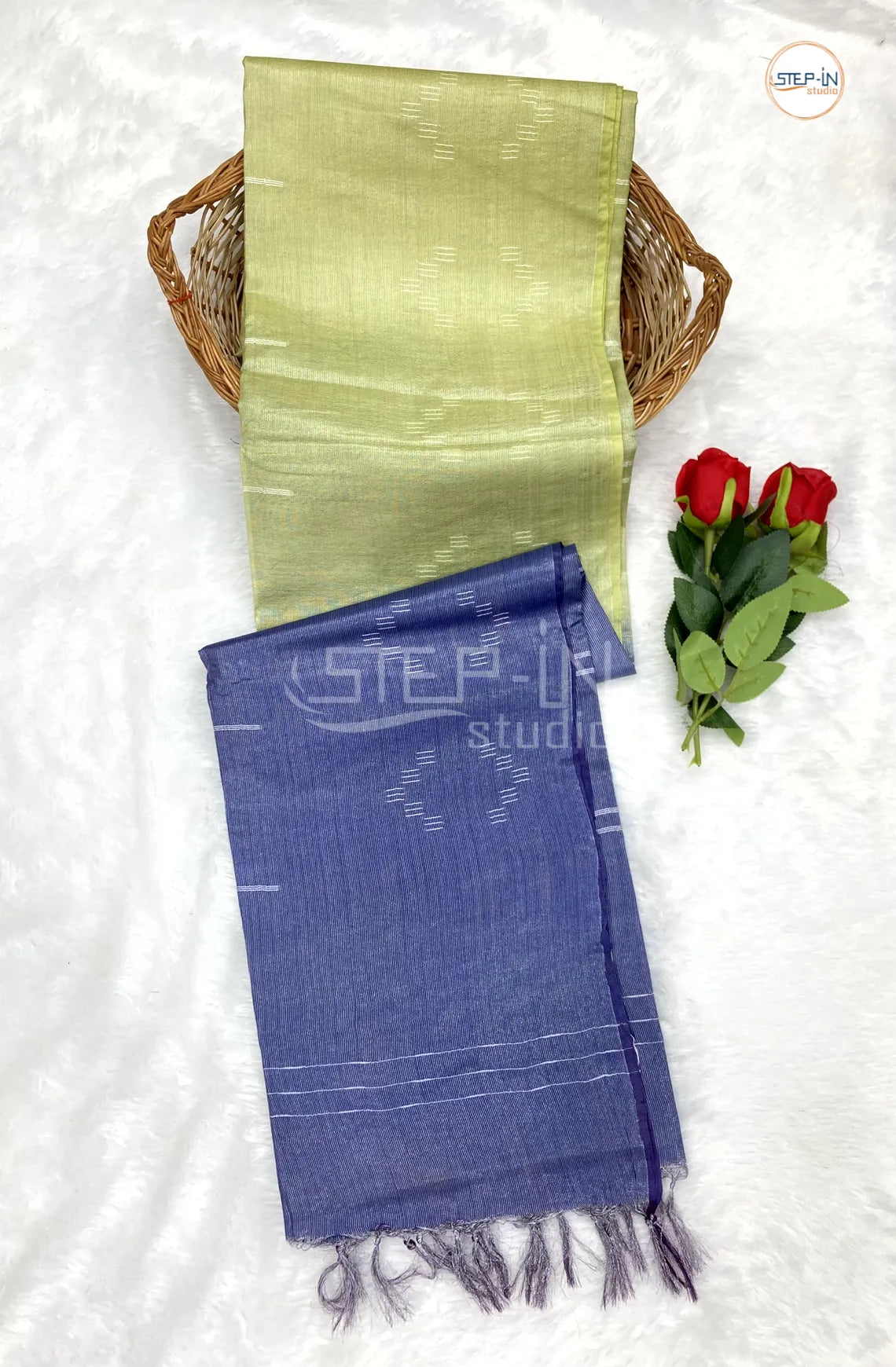 Lime Green & Blue Ikat design Saree With Ikat Design Contrast Pallu & Blouse