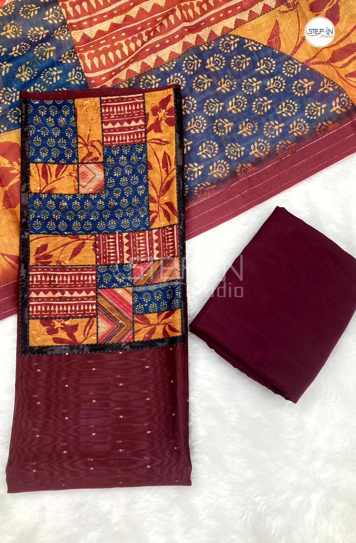 Maroon Silk Cotton Neck Printed Unstitched Dress Material