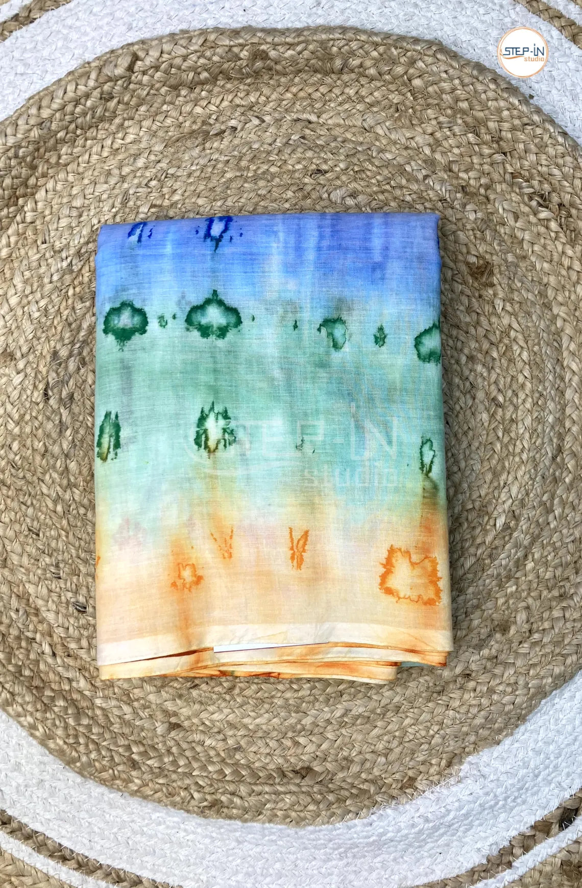 Mul Cotton Saree With Marble Printed - Blue & Green