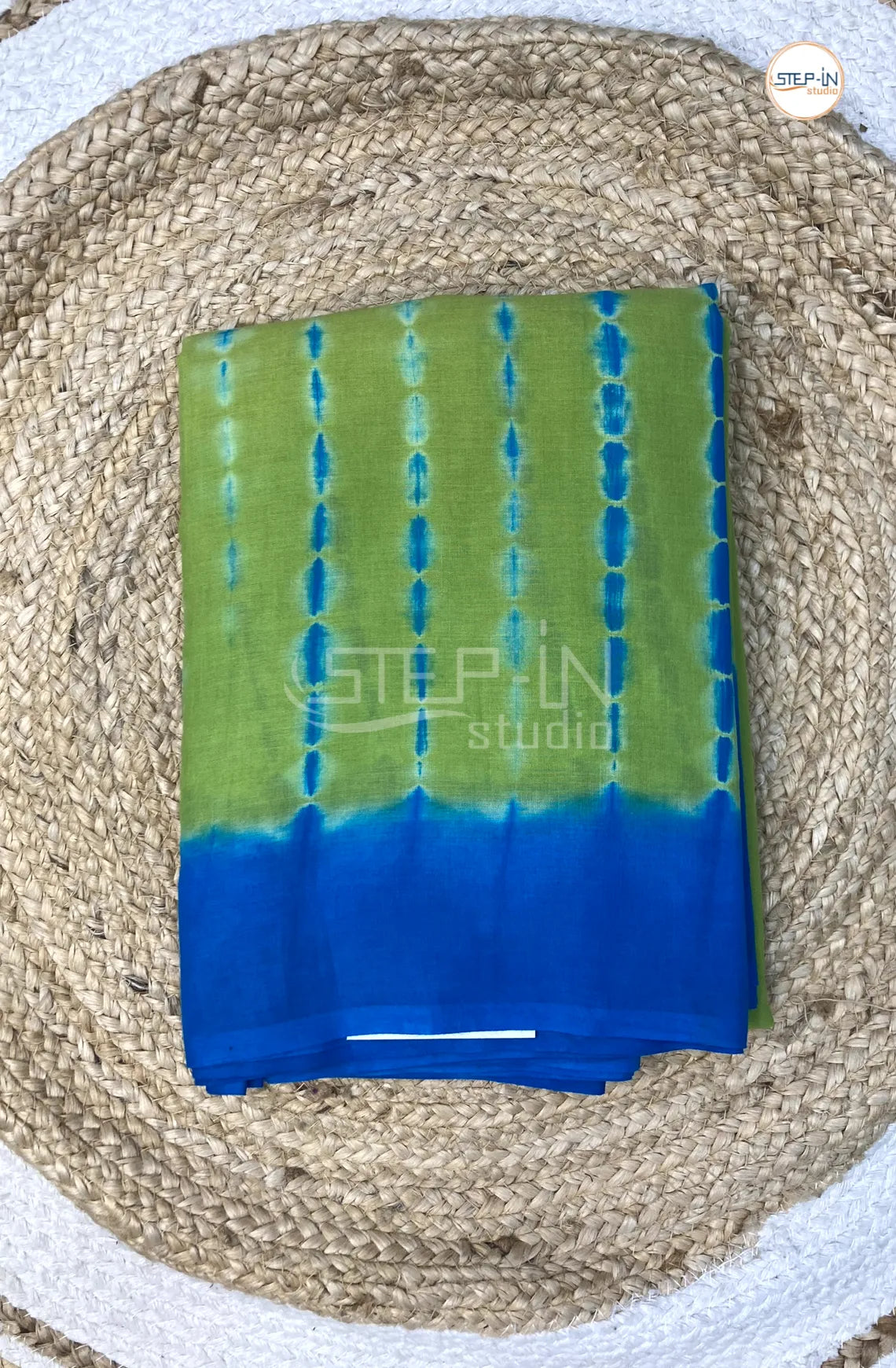 Mul Cotton Saree With Shibori Printed - Royal Blue & Green
