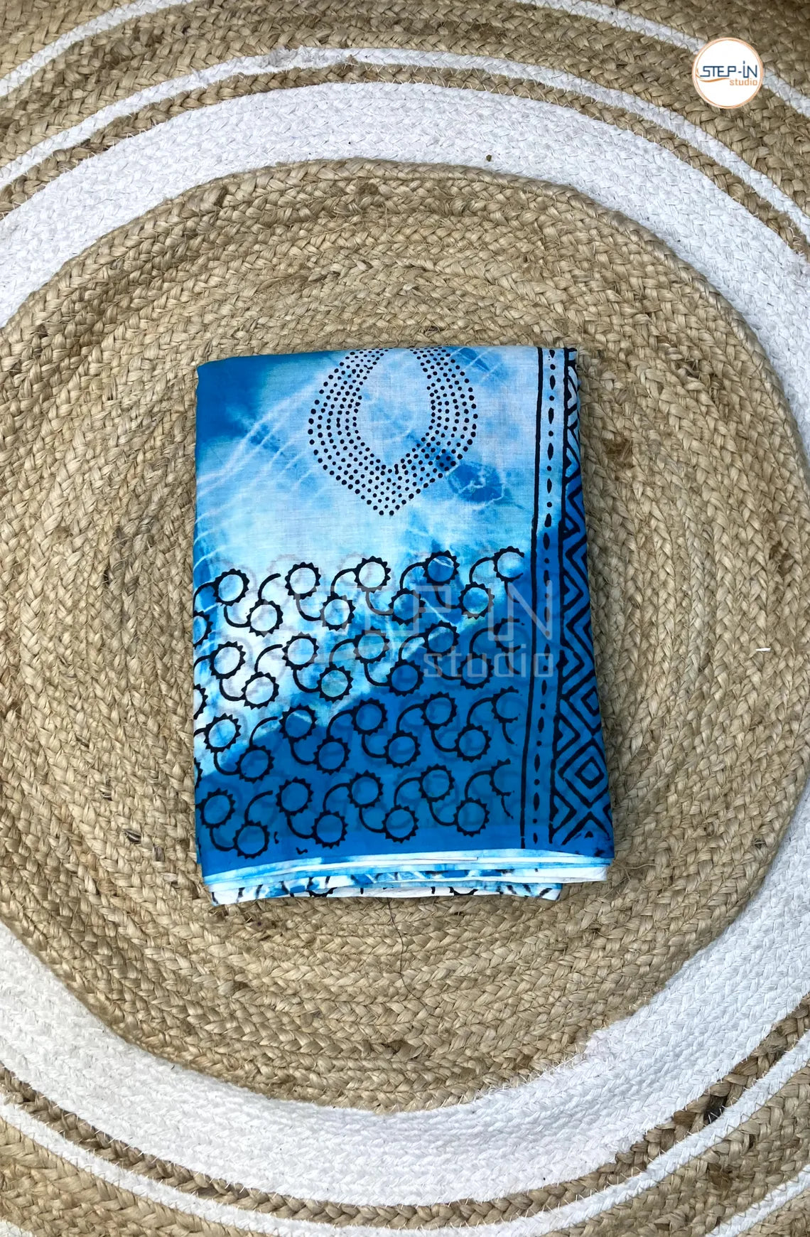Mul Cotton Saree With Shibori Printed - Sea Blue