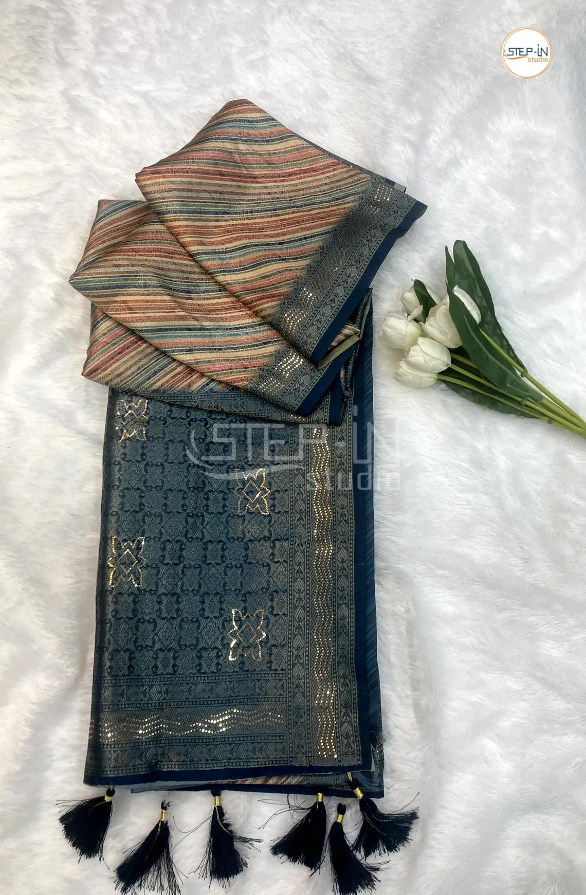 Multi Colour Pinstripes Design Tissu Saree With Zari Pallu and jamki Border &Contrast Blouse