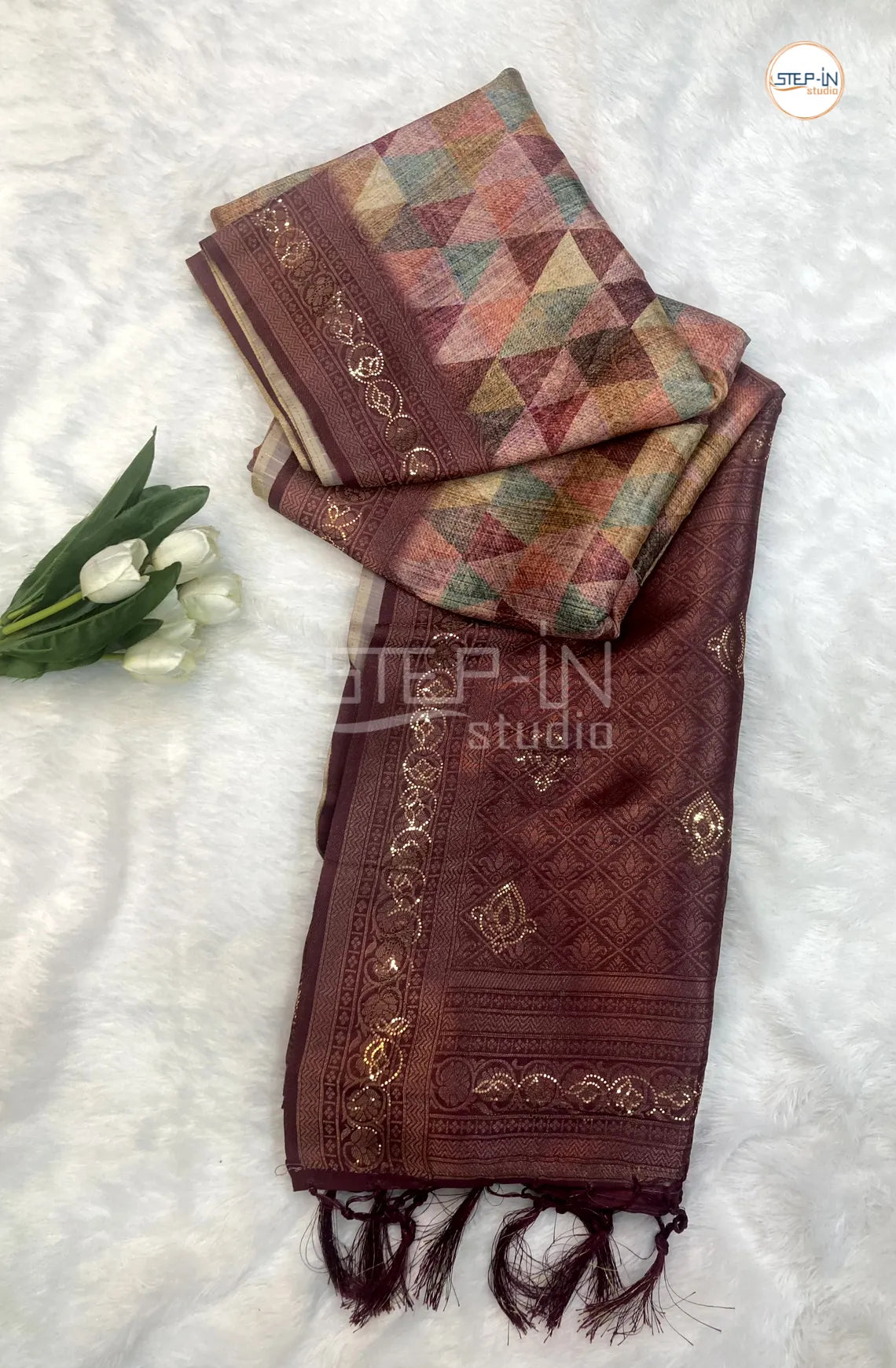 Multi Colour Triangle Design Tissu Saree With Zari Pallu and jamki Border &Contrast Blouse