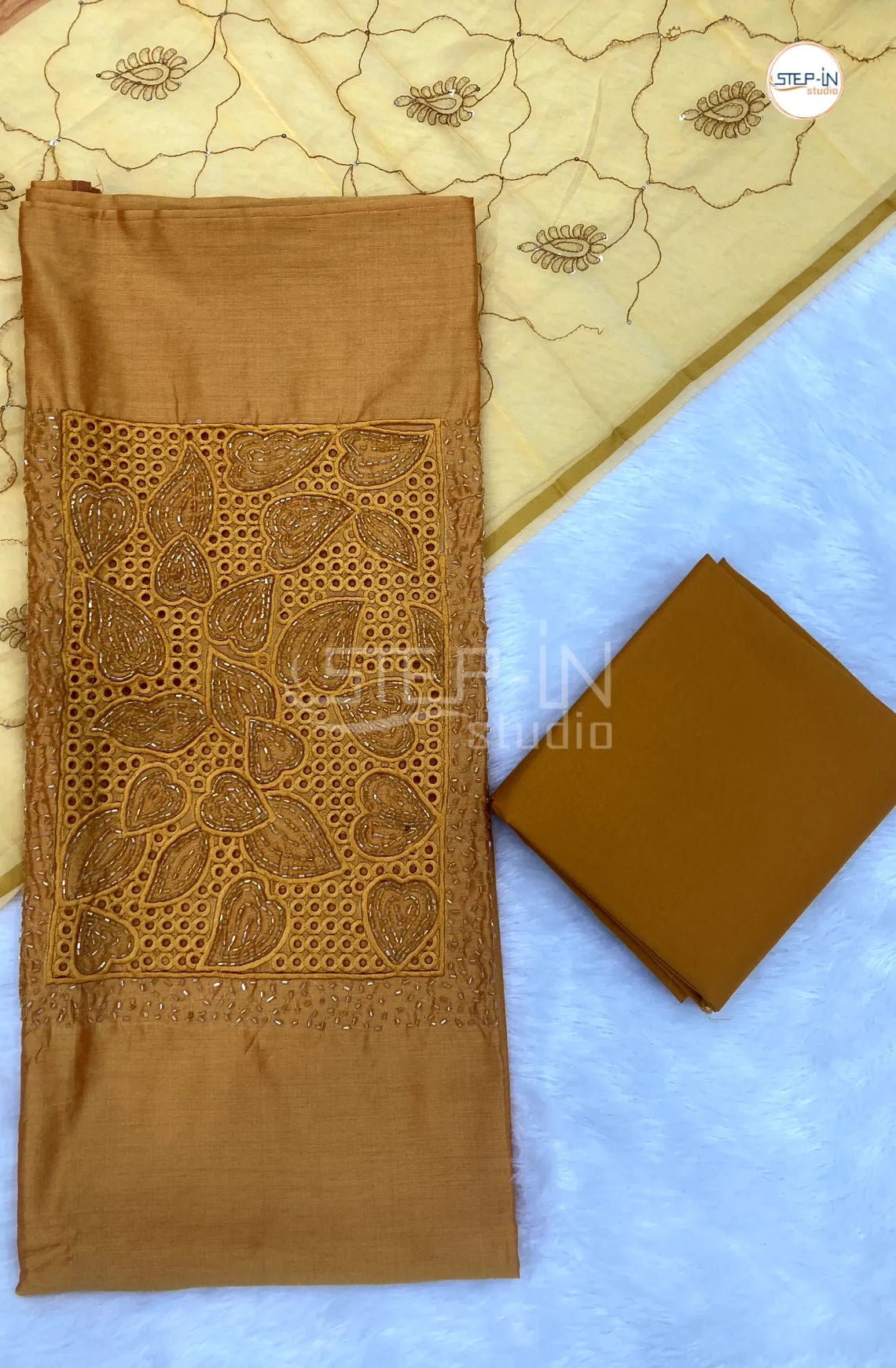 Mustard Yellow Silk Cotton Neck Stone & Embroiderd Work Unstitched Dress Material