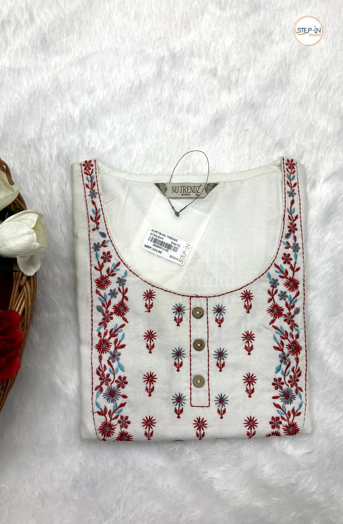 Neck Embroiderd Cotton Top - White & Red