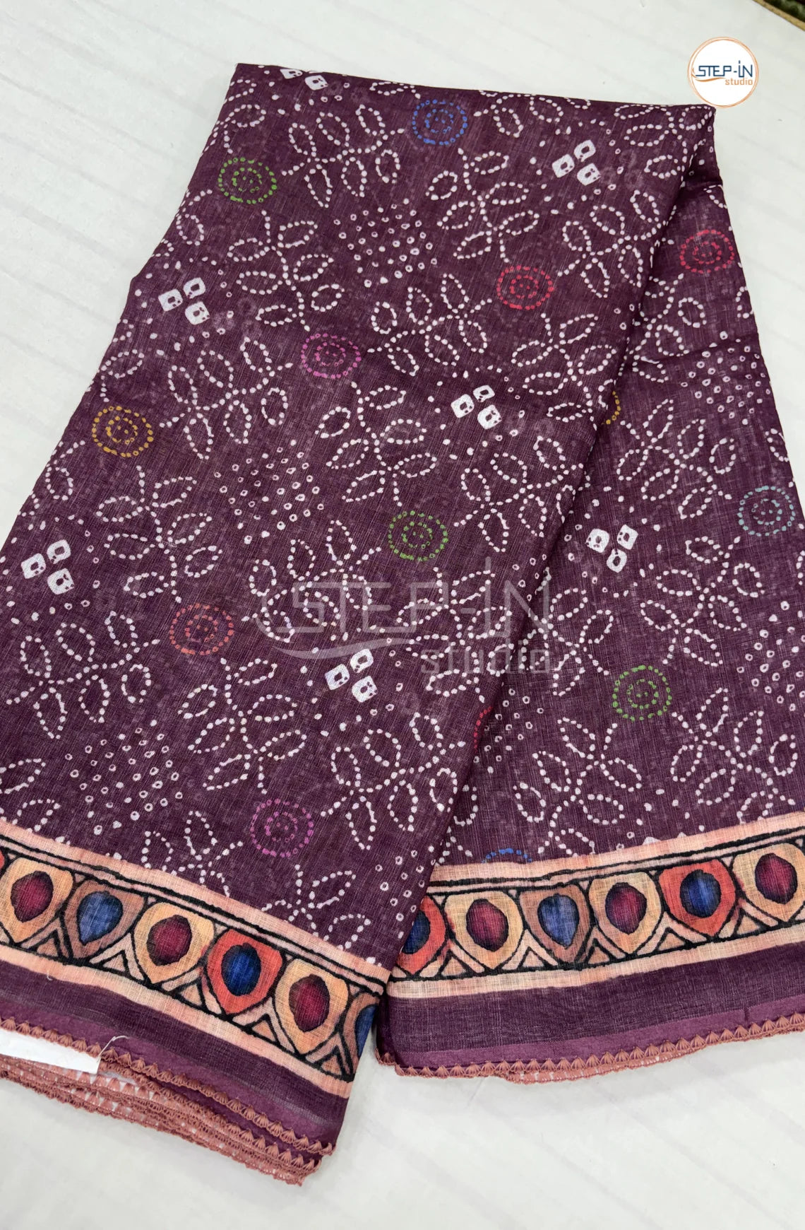 Officewear Printed Linen Cotton Saree-Dark Maroon