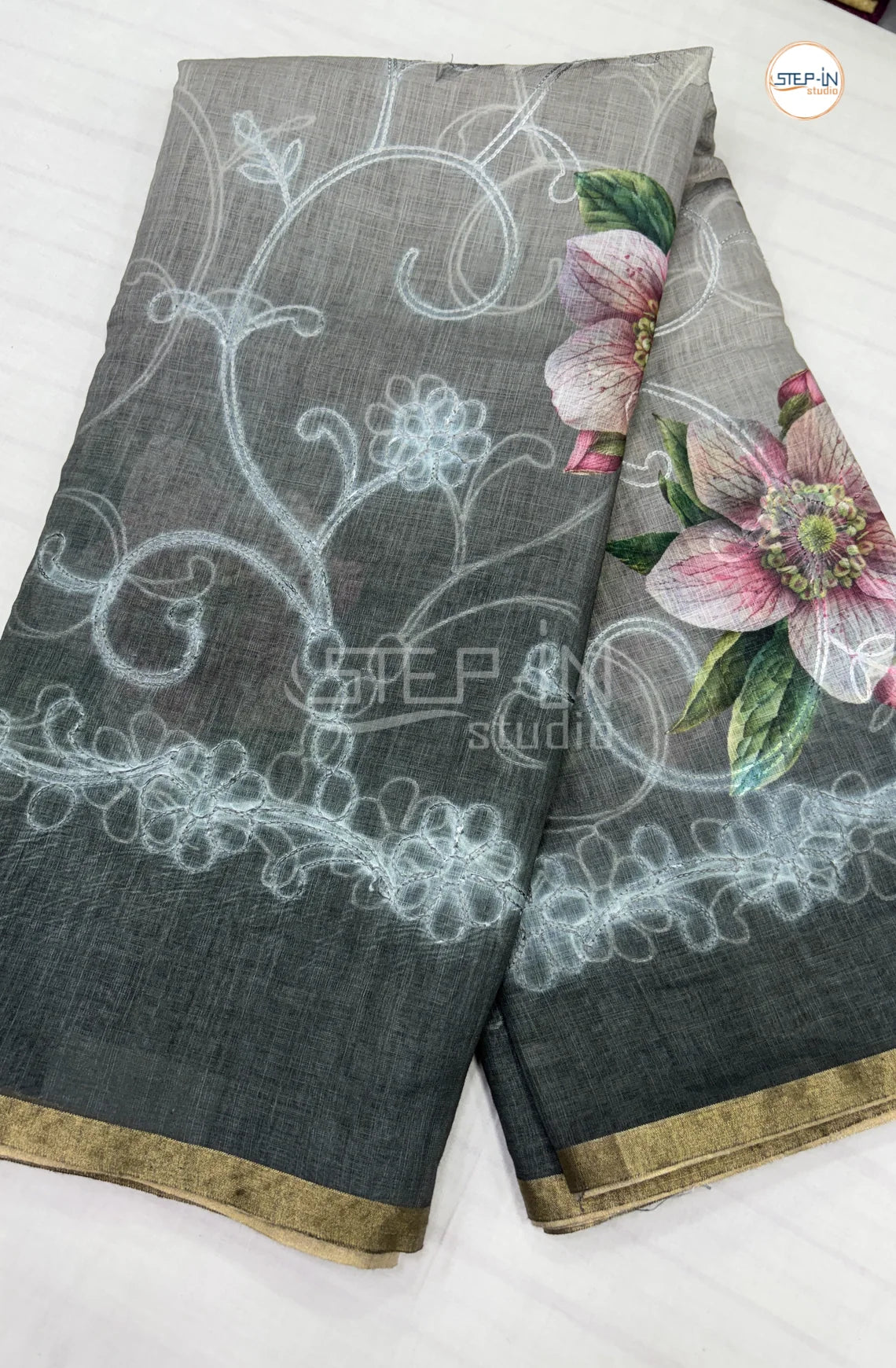 Officewear Printed Linen Cotton Saree- Grey & Black