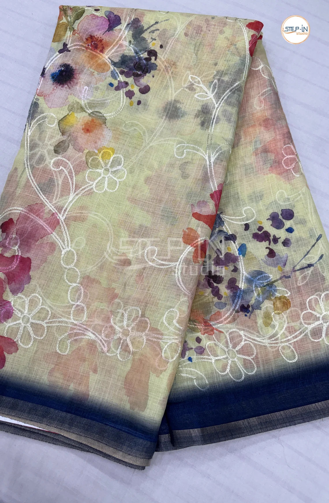 Officewear Printed Linen Cotton Saree-Ivory